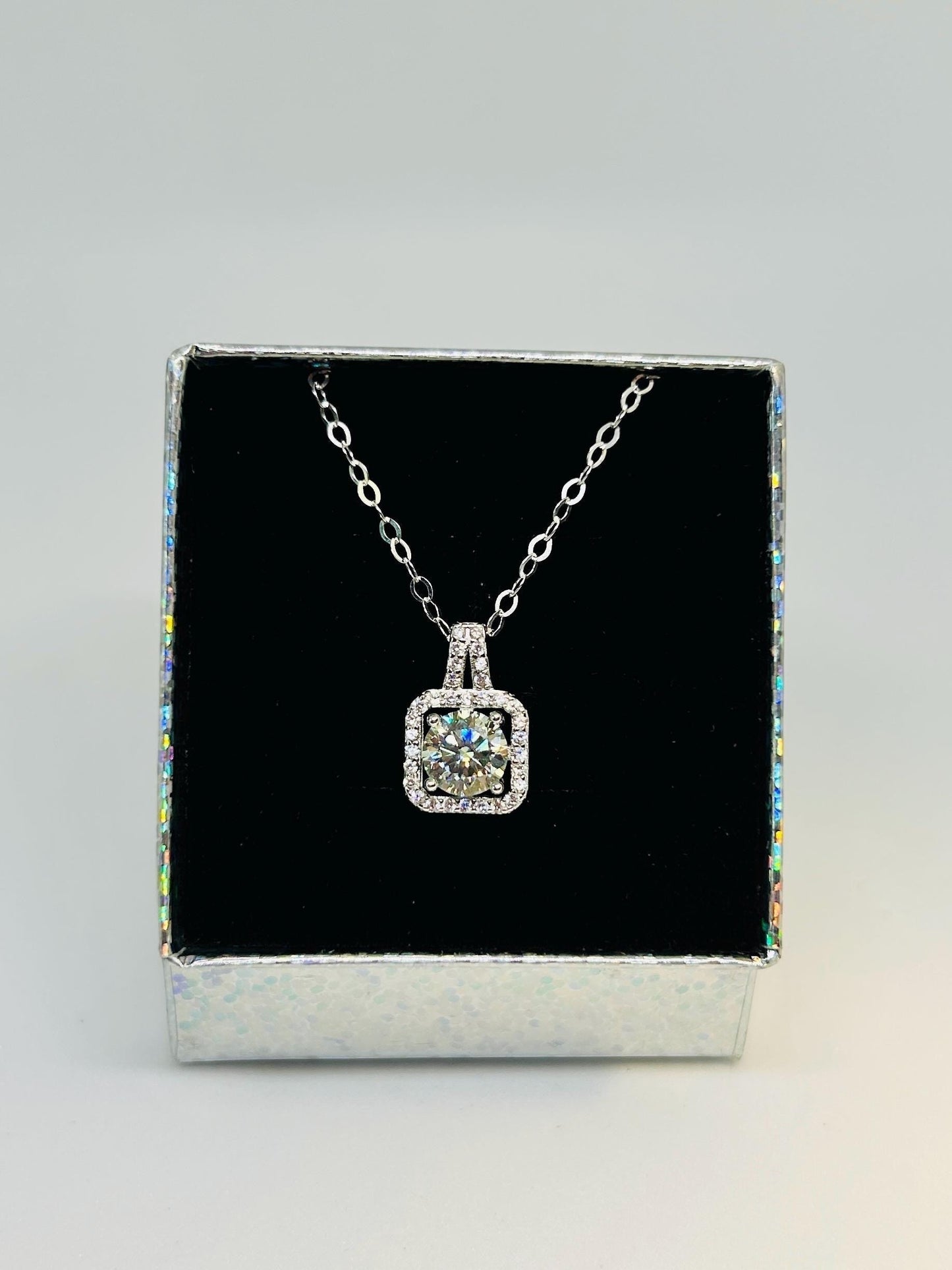 Square Moissanite Pendant with CZ Accents • 925 Sterling Silver • Gift Box