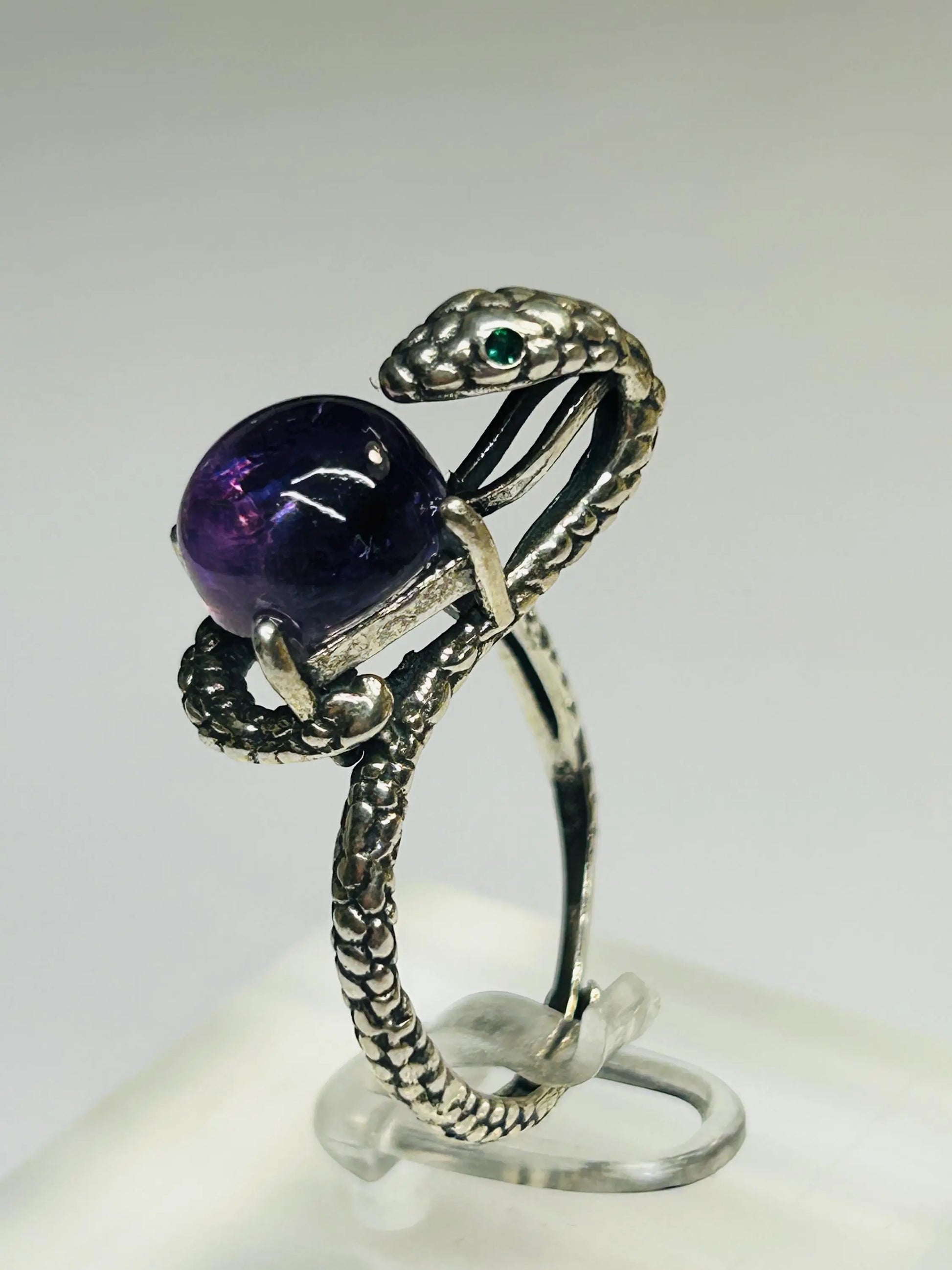 925 Silver Snake Ring with Amethyst - Adjustable Serpent Jewellery with CZ Eyes - Gift Boxed Celtic Dragon Jewellery
