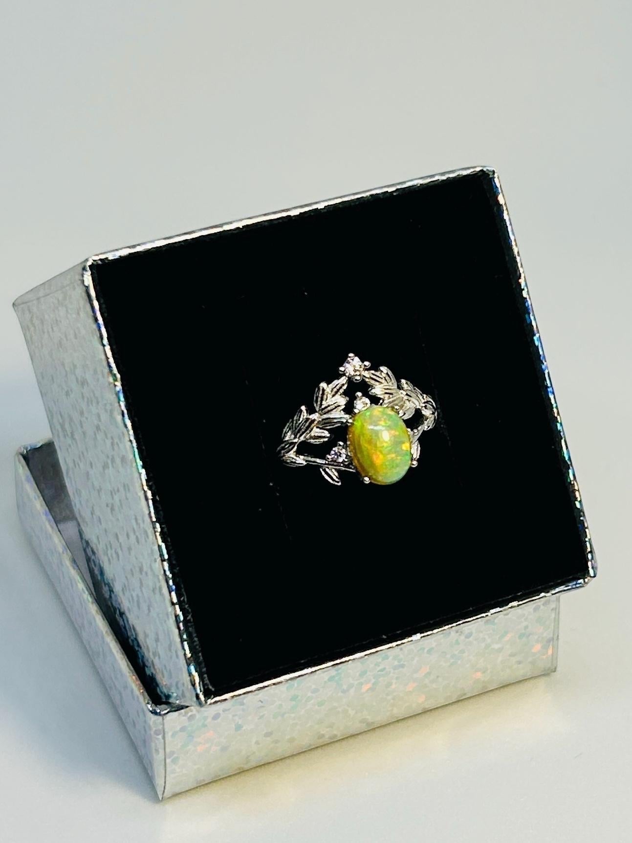 Leaf Ring with Opal Gemstone & CZ Accents • 925 Sterling Silver • Adjustable • Gift Box