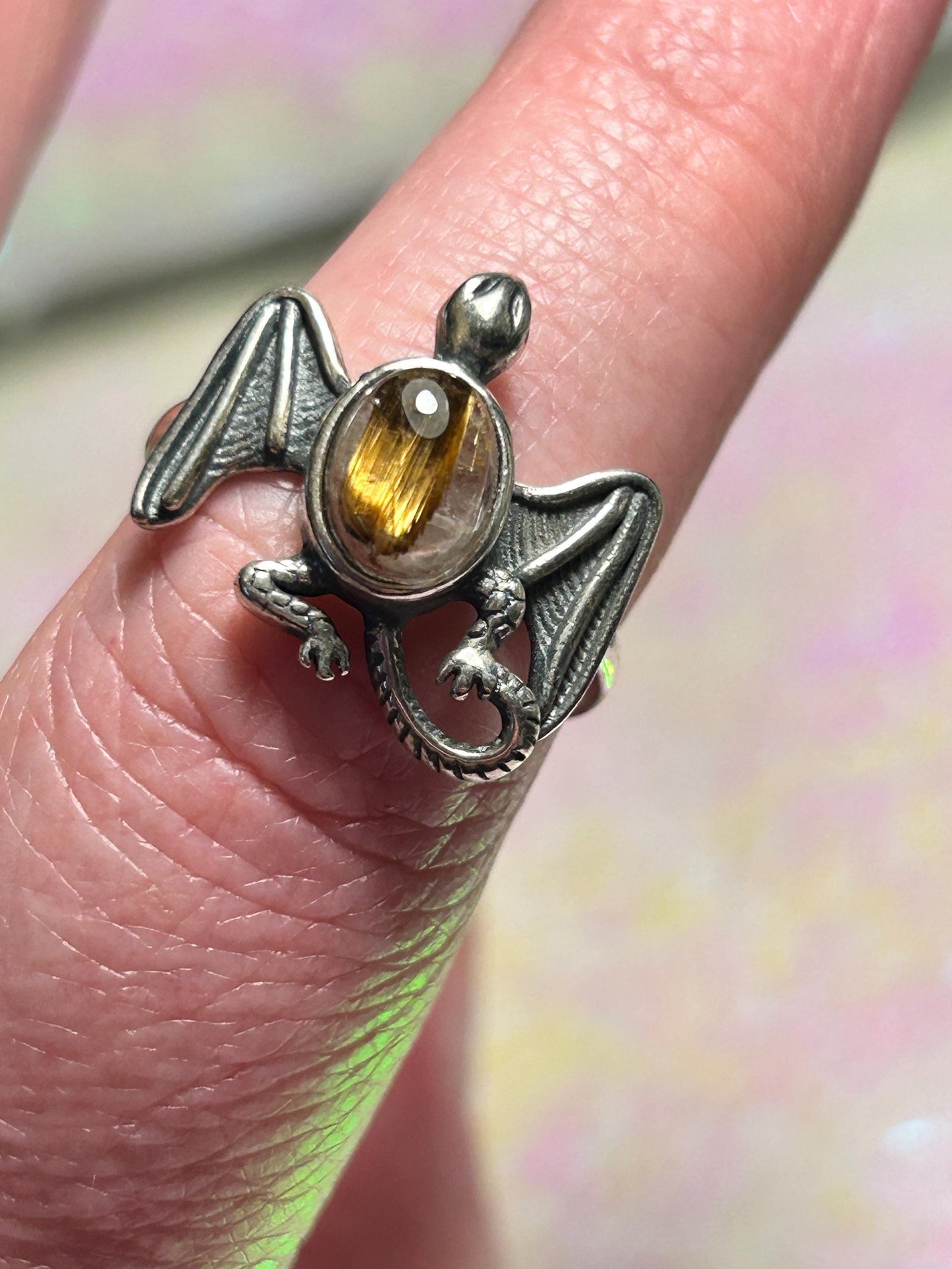 Fantasy Dragon Ring with Gold Rutilated Quartz Gemstone • 925 Sterling Silver • Adjustable • Gift Box