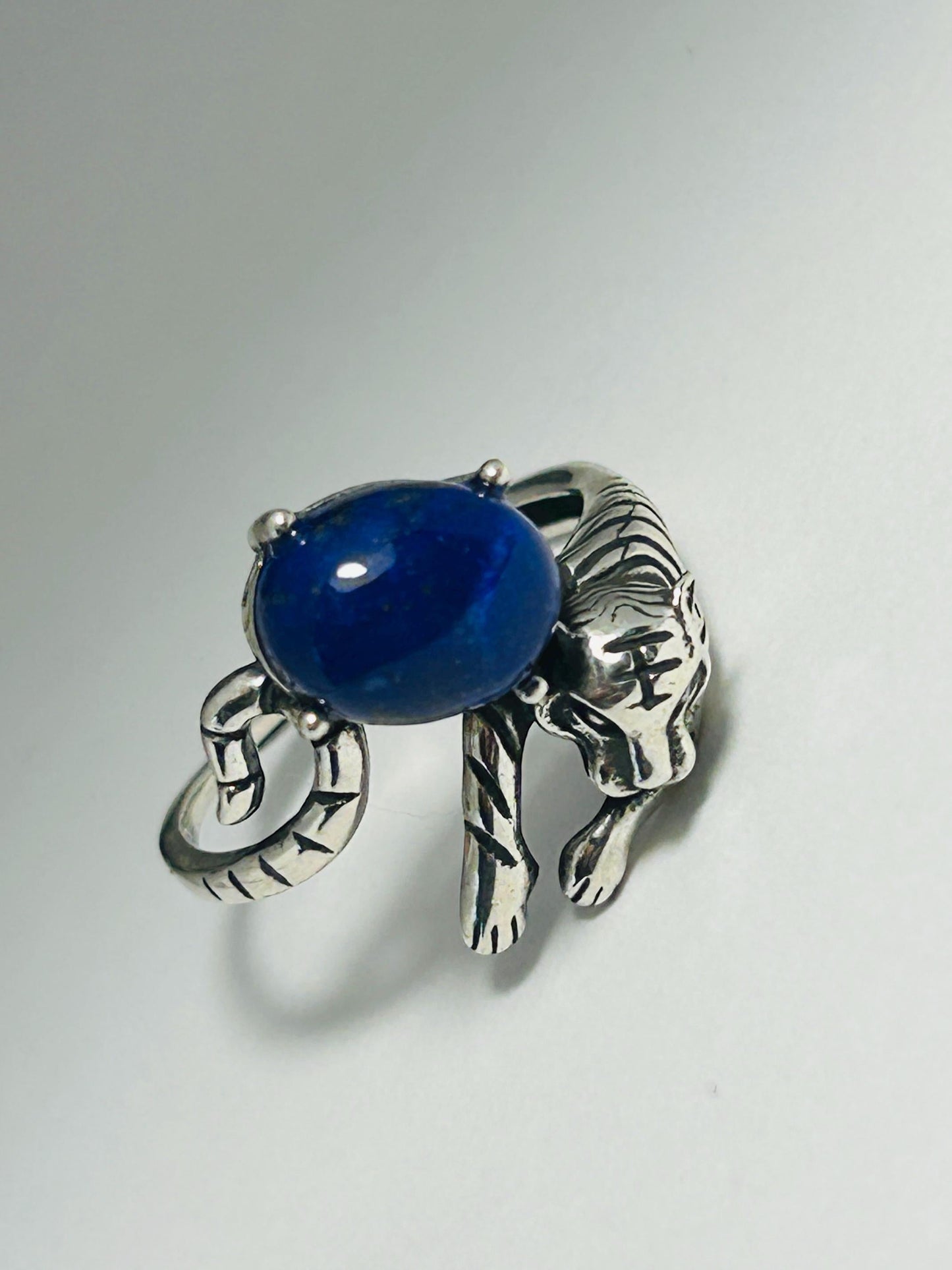 Tiger Ring with Lapis Lazuli Gemstone • 925 Sterling Silver • Adjustable • Gift box