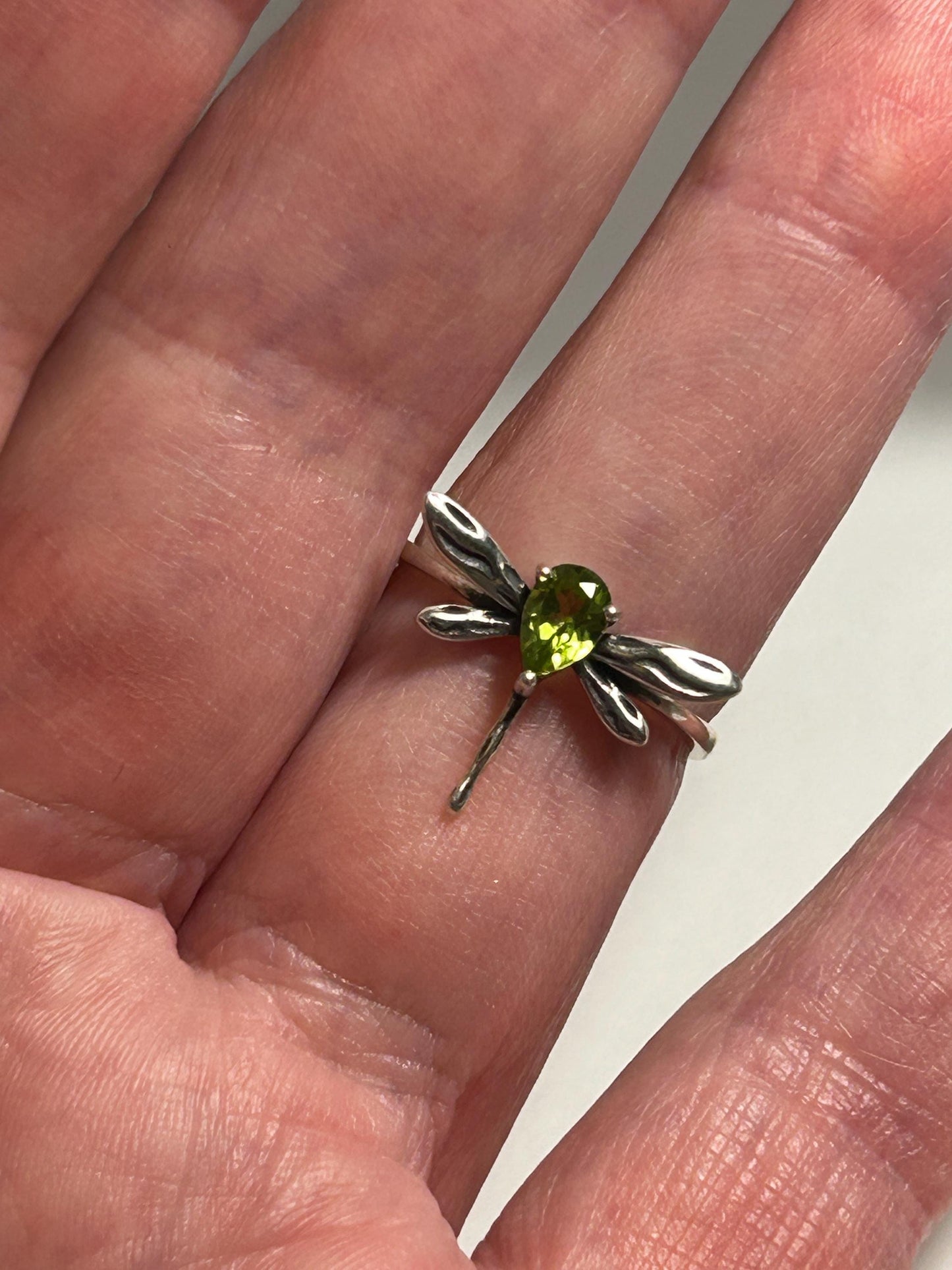 Sterling Silver Peridot Ring - Dragonfly Design - 925 - Adjustable - Gift Boxed