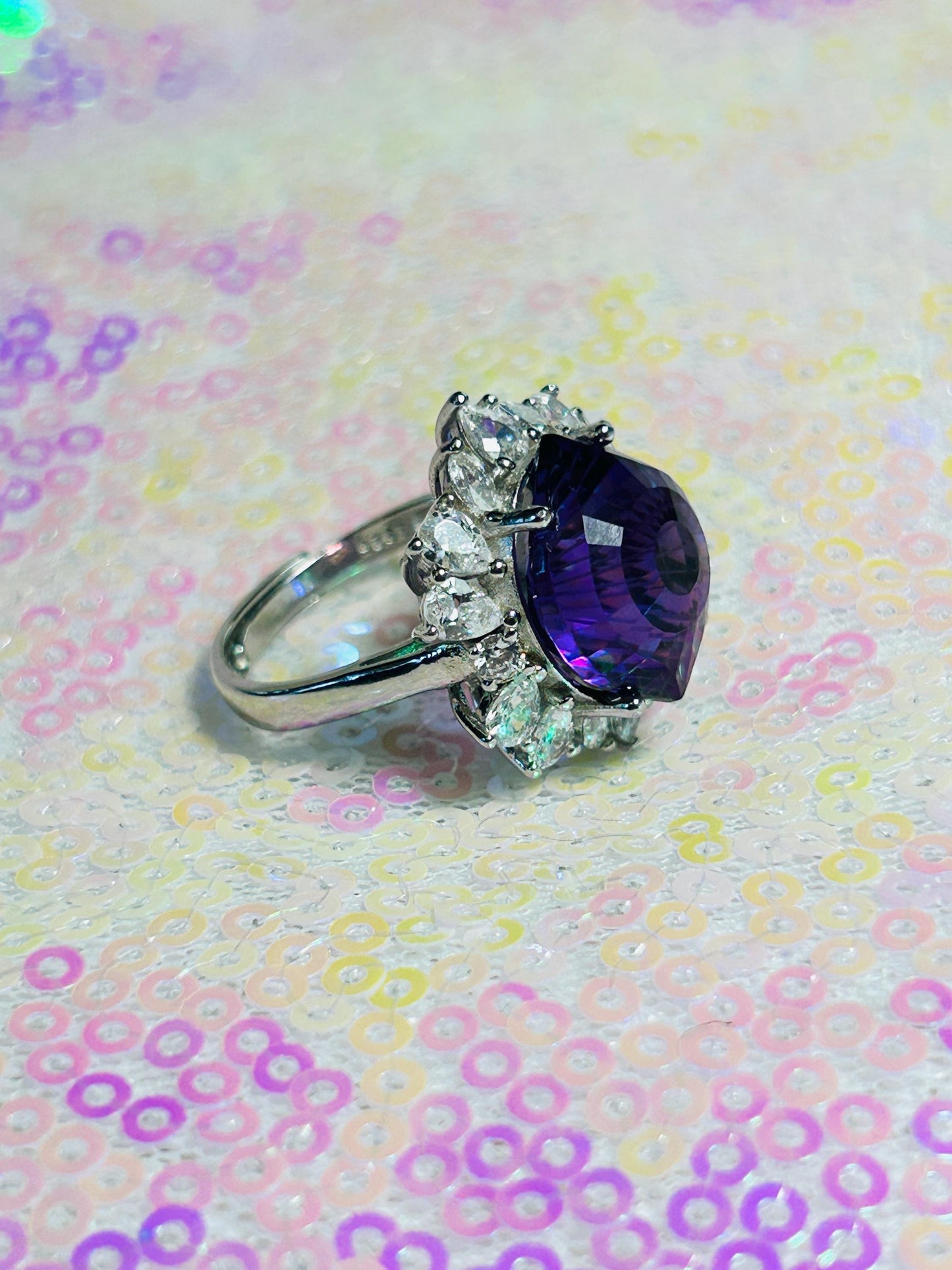 Large Marquise Stone Ring with Faceted Amethyst Gemstone & CZ Halo • 925 Sterling Silver • Adjustable • Gift Box