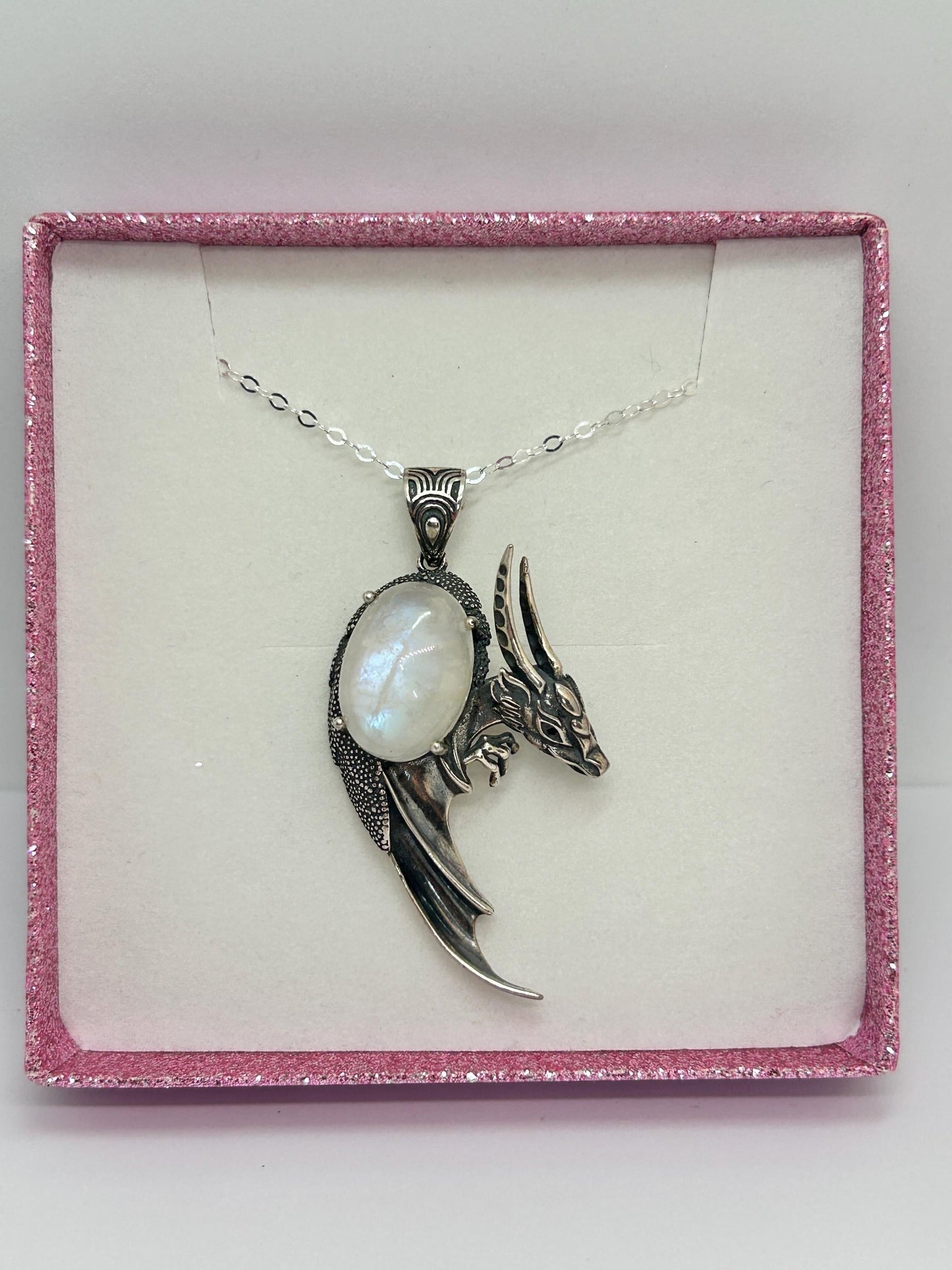 Dragon Pendant with Moonstone Gemstone • 925 Sterling Silver • Gift box
