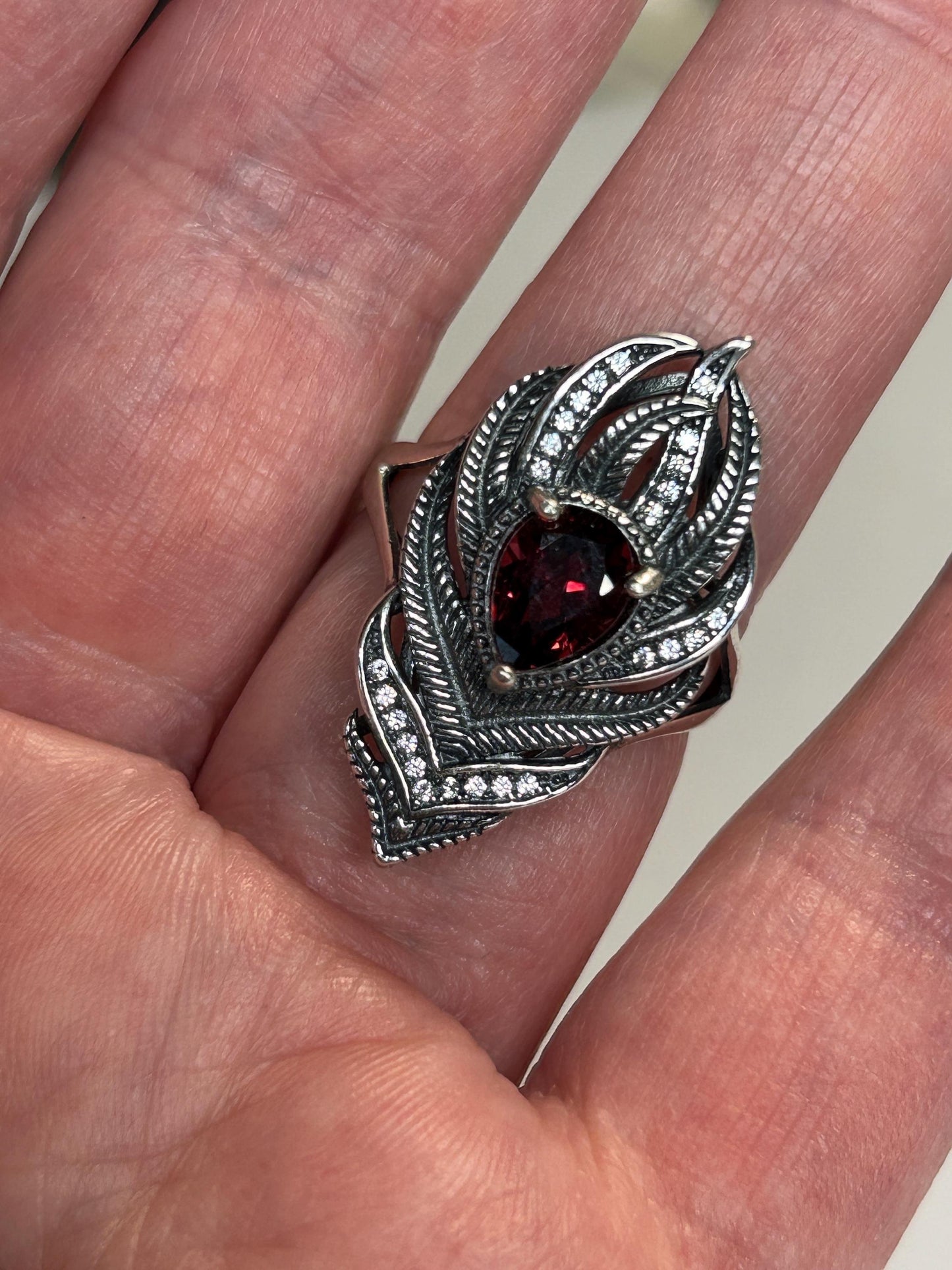 925 Silver Feather Ring • Peacock Feather with Garnet Gemstone • CZ Accents • Adjustable • Giftbox