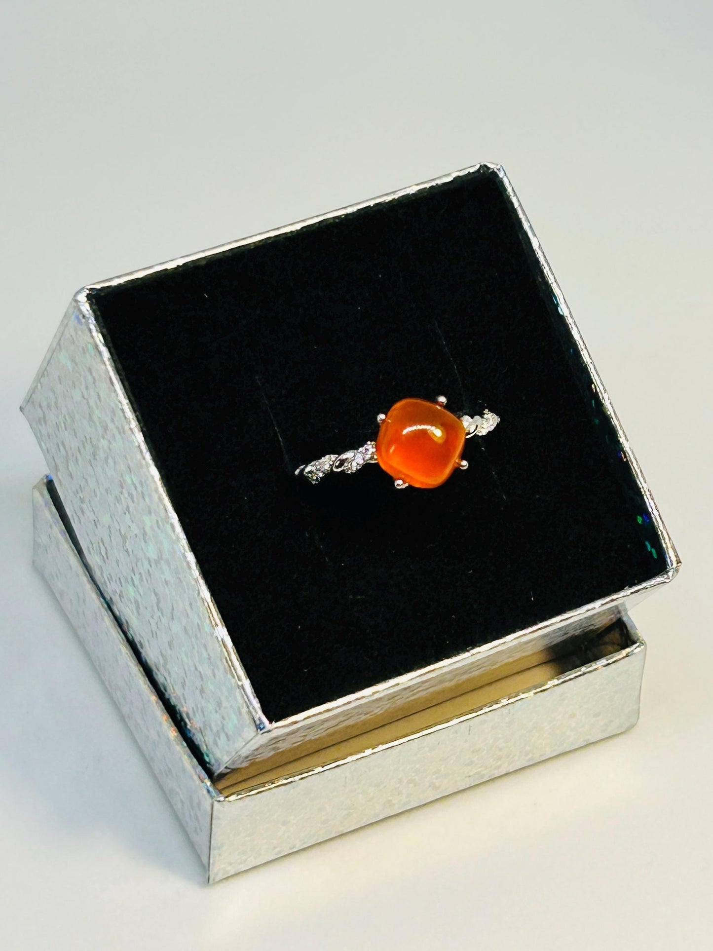 Dainty Stacking Ring with Orange Agate & CZ Accents • 925 Sterling Silver • Adjustable • Gift Box