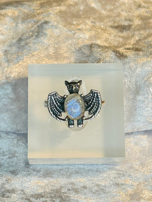 Cute Bat Ring With Labradorite Gemstone - 925 Silver - Supplied In Gift Box - Silver Bat Ring - Goth Jewellery