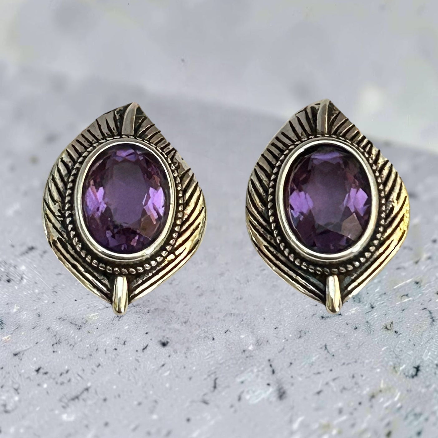 Nature Inspired Leaf Earrings with Amethyst Gemstones • 925 Sterling Silver Studs • Gift Box