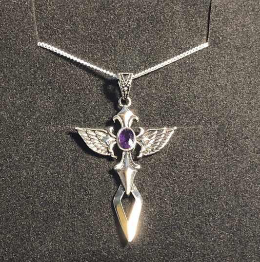 1 x Silver Plated Winged Spear Necklace With Amethyst Stone On Chain  - Giftboxed