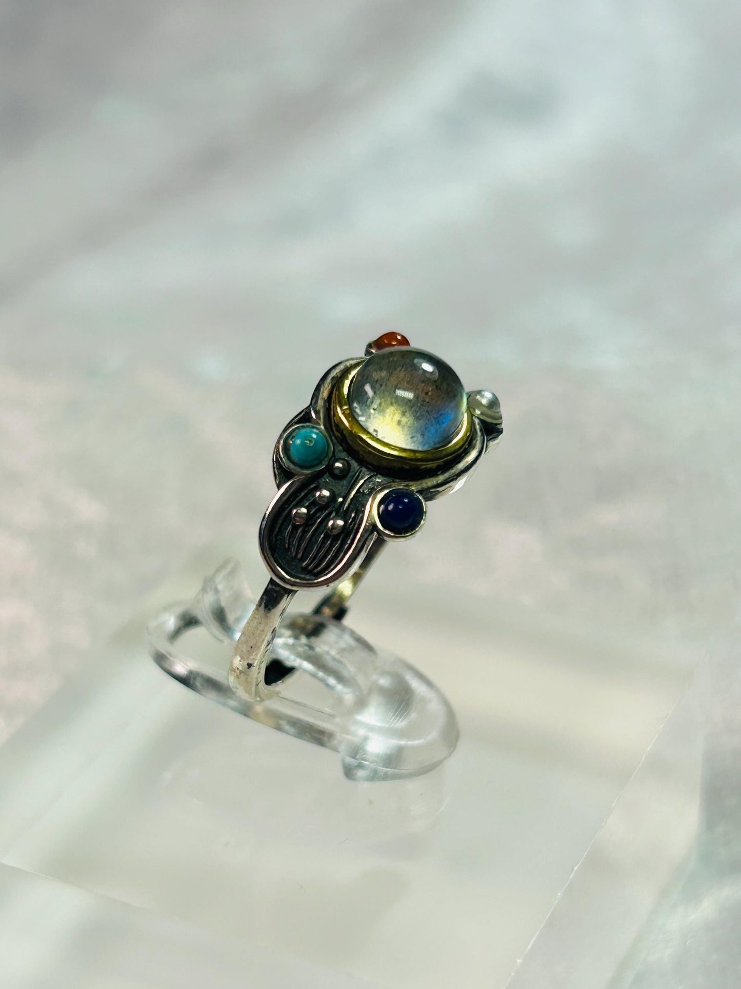 Multi Gemstone Ring with Labradorite, Pearl, Lapis & Coral • 925 Sterling Silver • Adjustable • Gift Box