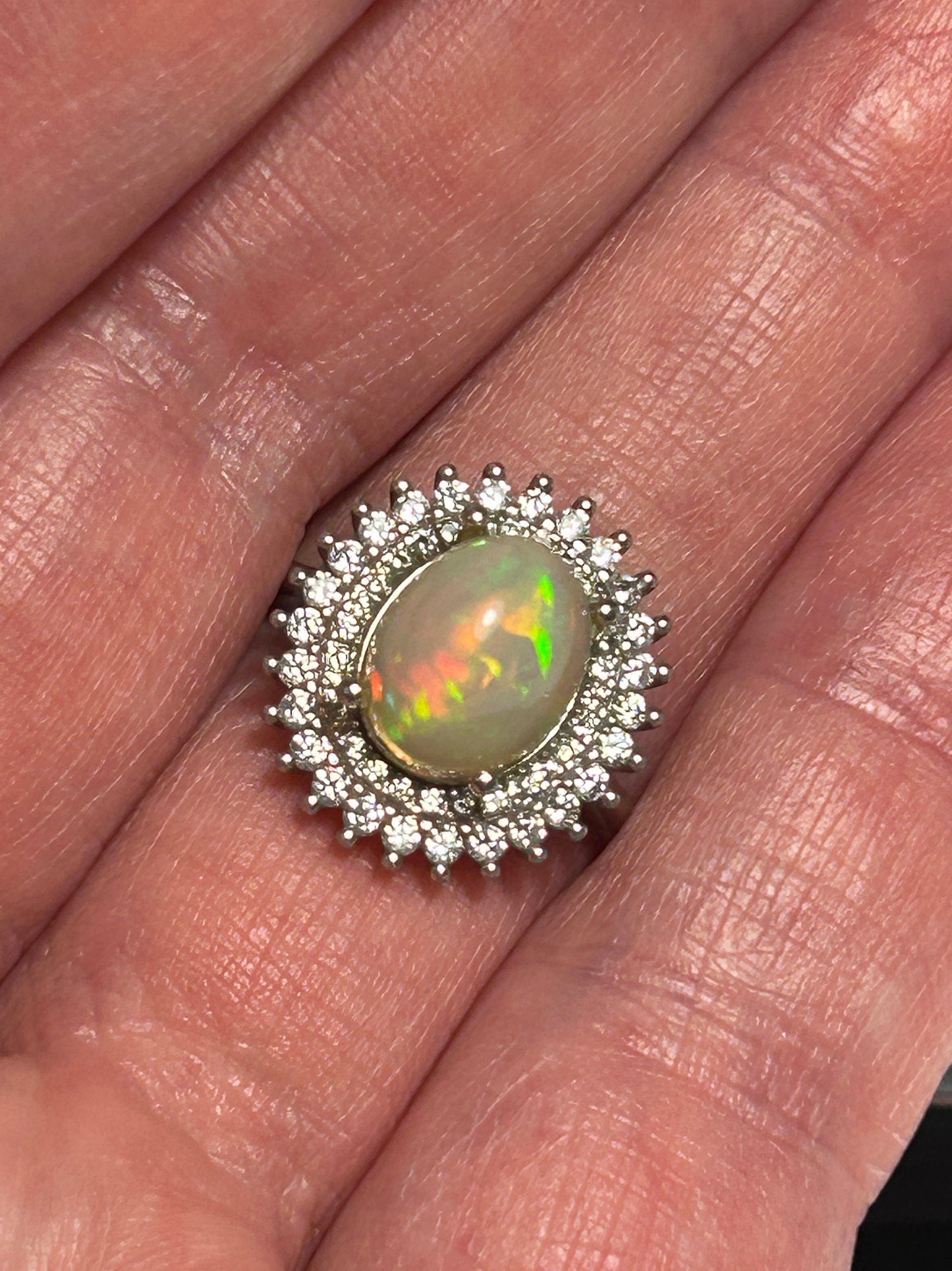 Stunning Rainbow Opal Ring with CZ Surround • 925 Sterling Silver • Adjustable • Gift Box