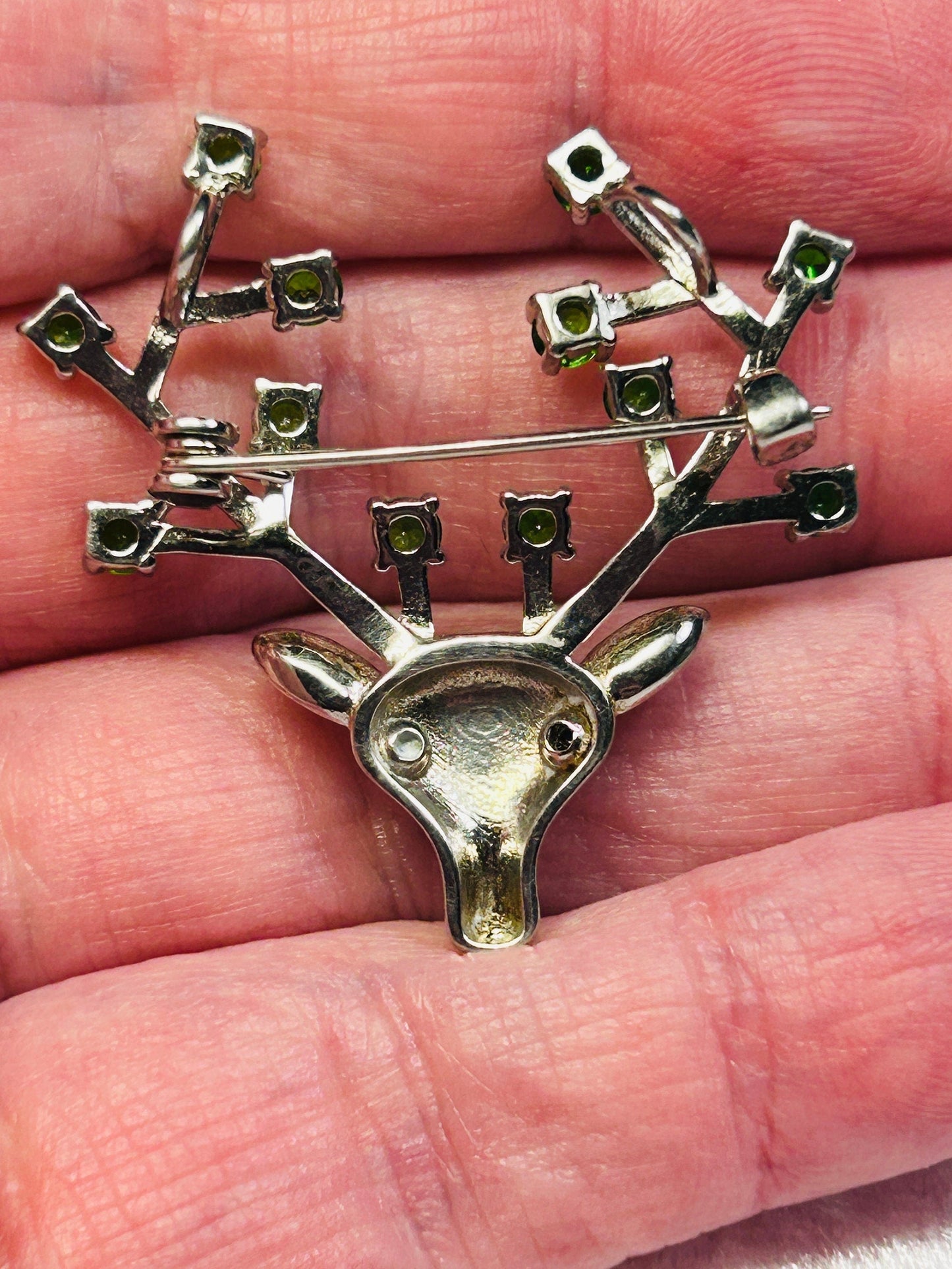 Stag Brooch with Diopside Gemstones • 925 Sterling Silver • Gift Box