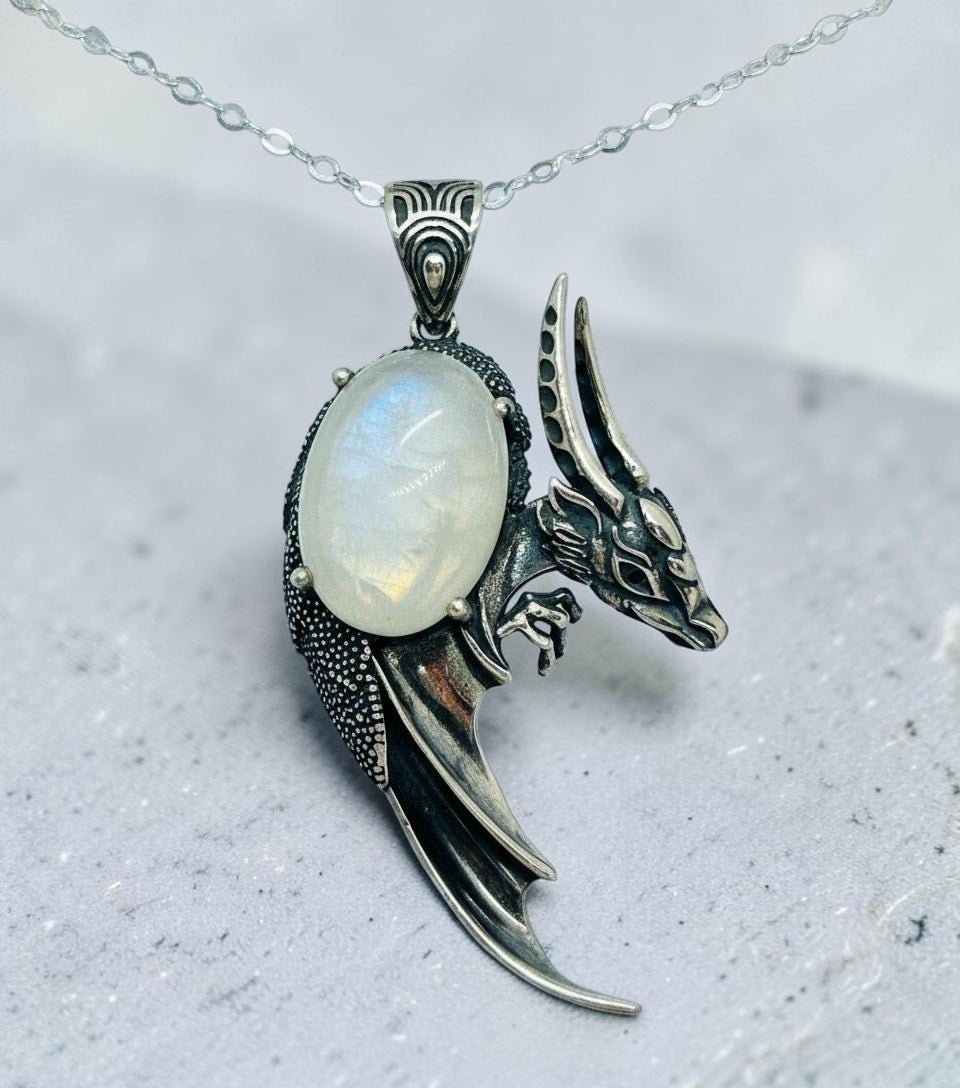 Dragon Pendant with Moonstone Gemstone • 925 Sterling Silver • Gift box