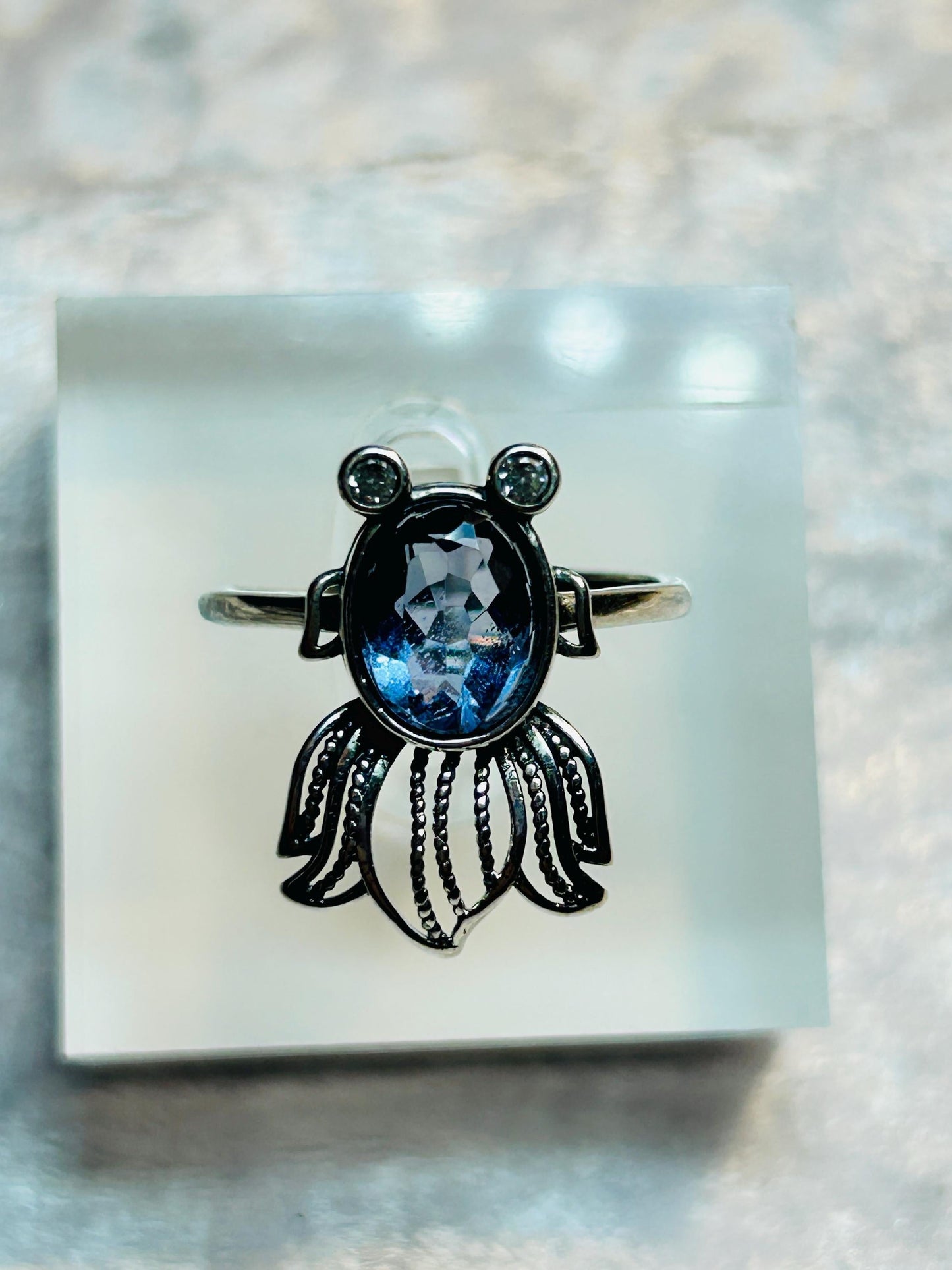 Fancy Fish Ring with Blue Fluorite Gemstone • 925 Sterling Silver • Adjustable • Gift Box