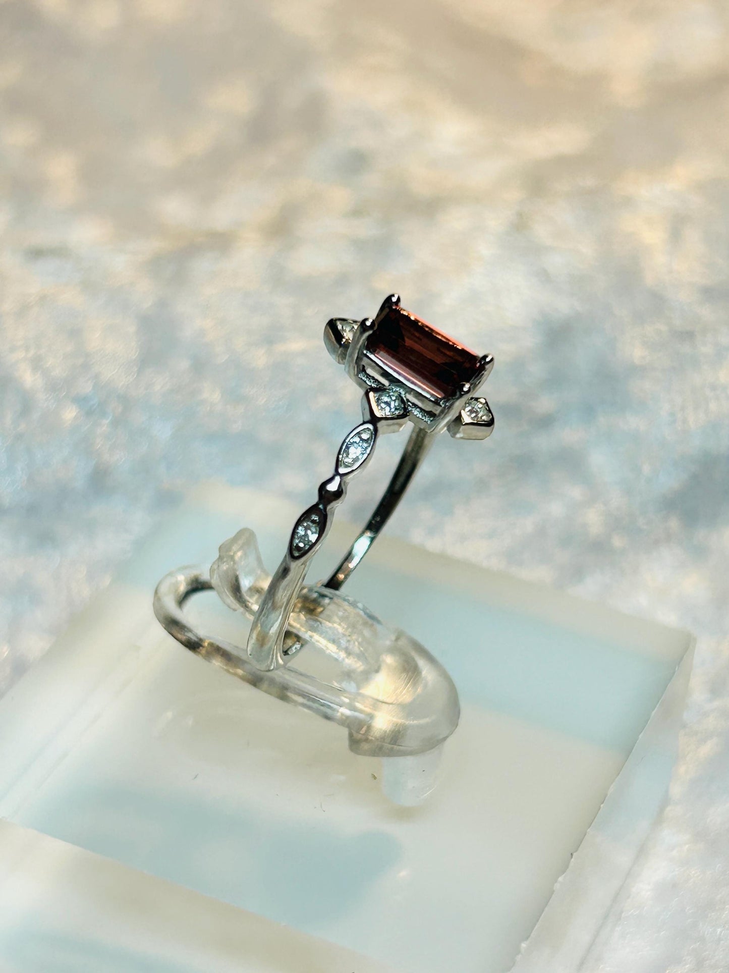 Ornate Garnet Ring with CZ Accents • 925 Sterling Silver • Adjustable • Gift Box