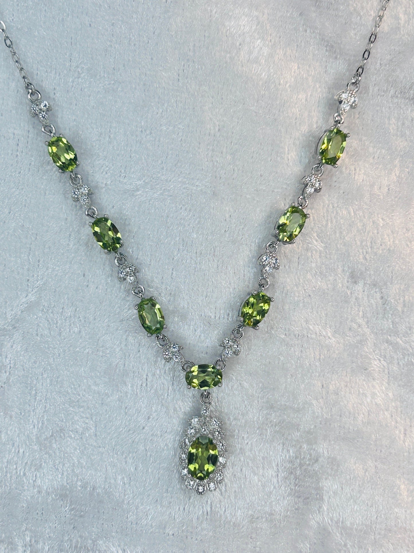 Floral Theme Necklace with Peridot Gemstones & CZ Combination • 925 Sterling Silver • Gift Box
