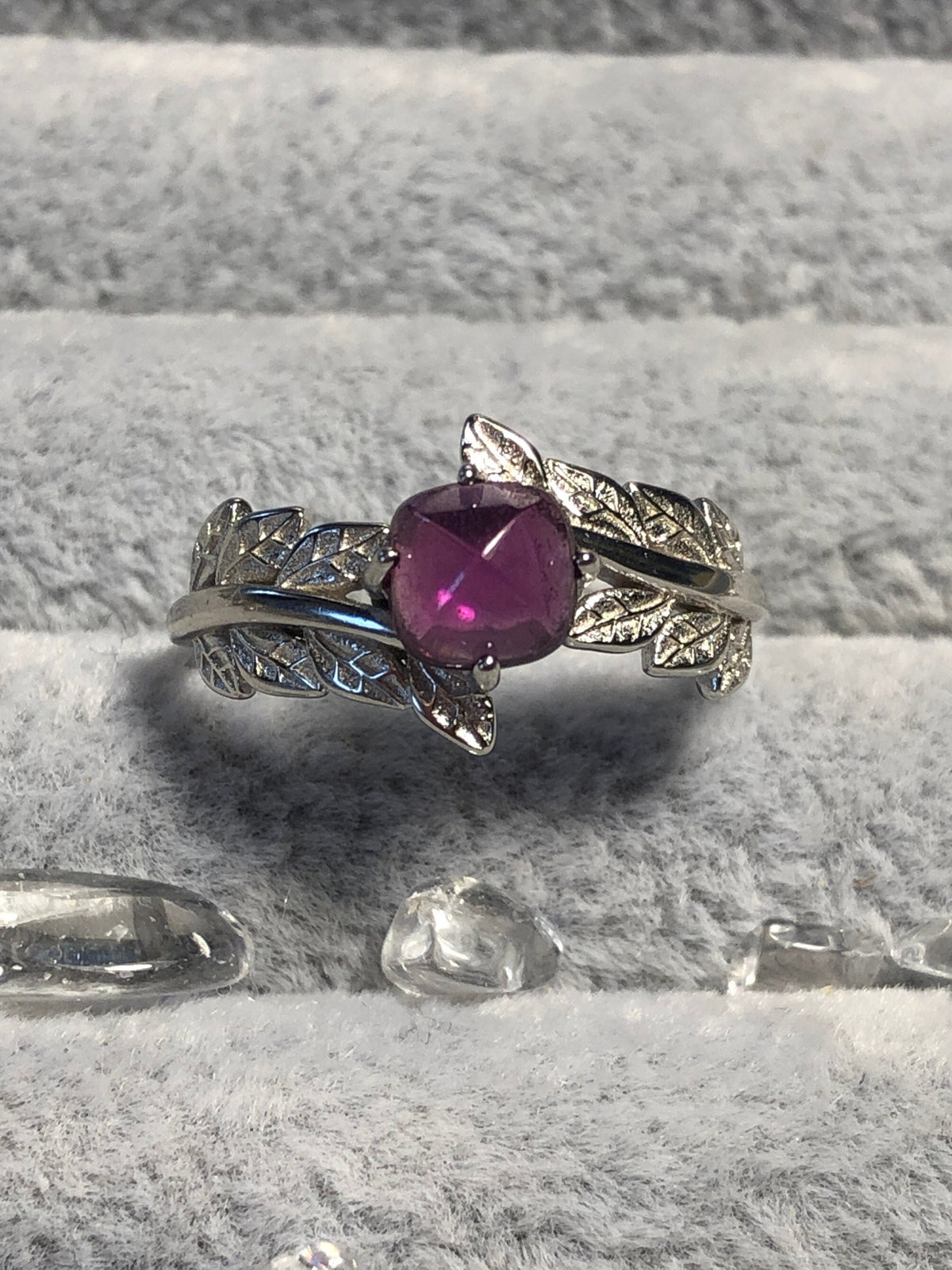 Pink Garnet Ring with Leaf Design, 925 Sterling Silver - Adjustable Solitaire Jewellery Celtic Dragon Jewellery