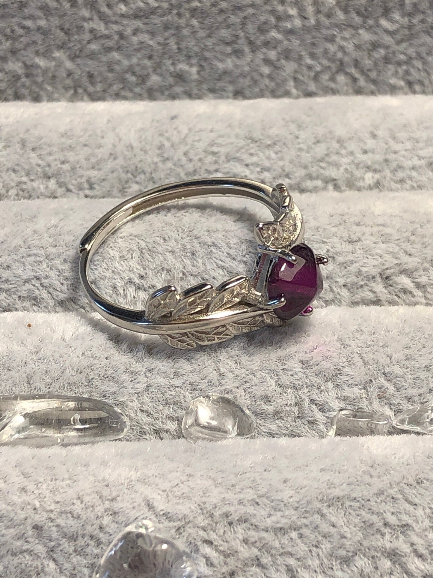 Pink Garnet Ring with Leaf Design, 925 Sterling Silver - Adjustable Solitaire Jewellery Celtic Dragon Jewellery