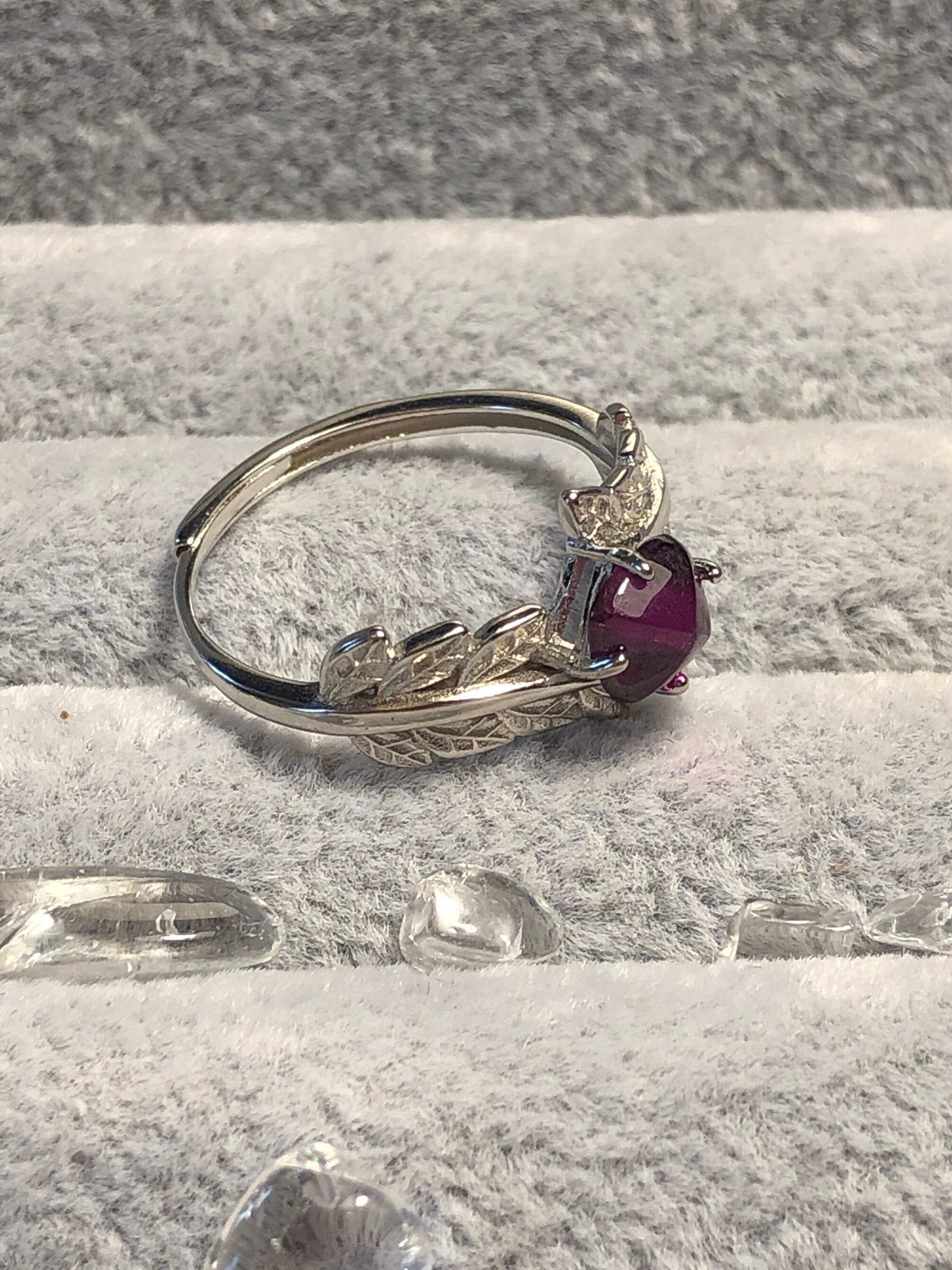 Pink Garnet Ring with Leaf Design, 925 Sterling Silver - Adjustable Solitaire Jewellery Celtic Dragon Jewellery