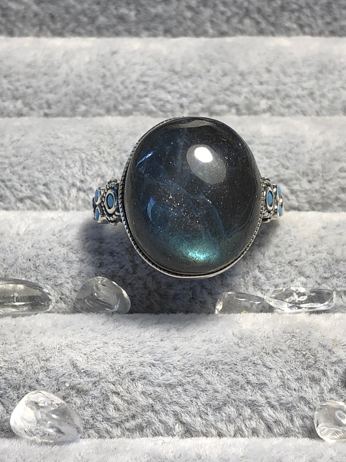 Oval Labradorite Ring with Turquoise, in 925 Sterling Silver, Adjustable Band - Blue Flashy Jewellery