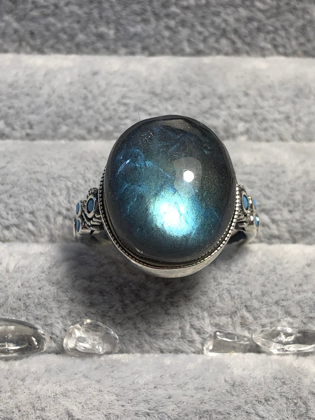 Oval Labradorite Ring with Turquoise, in 925 Sterling Silver, Adjustable Band - Blue Flashy Jewellery