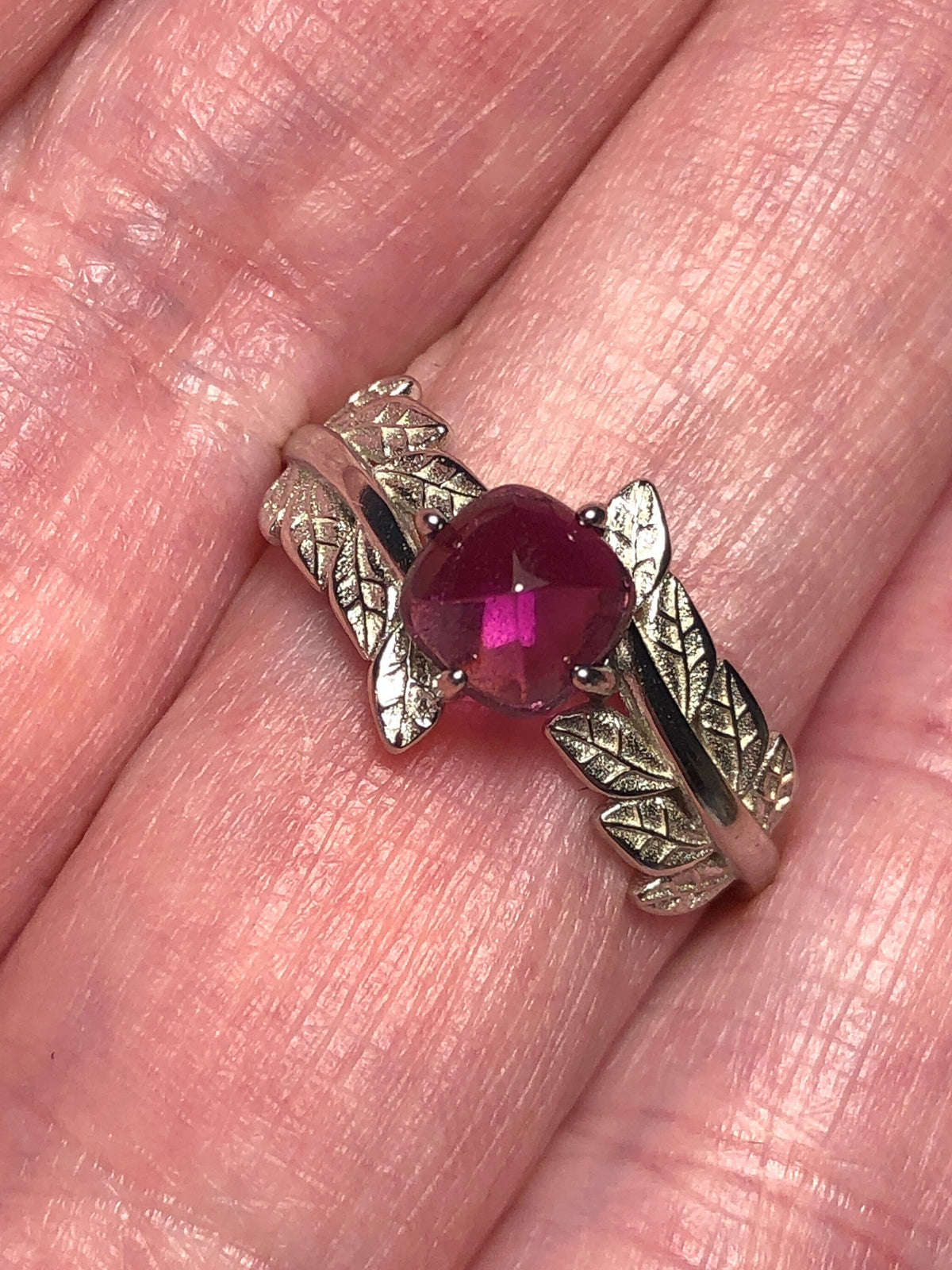 Pink Garnet Ring with Leaf Design, 925 Sterling Silver - Adjustable Solitaire Jewellery Celtic Dragon Jewellery