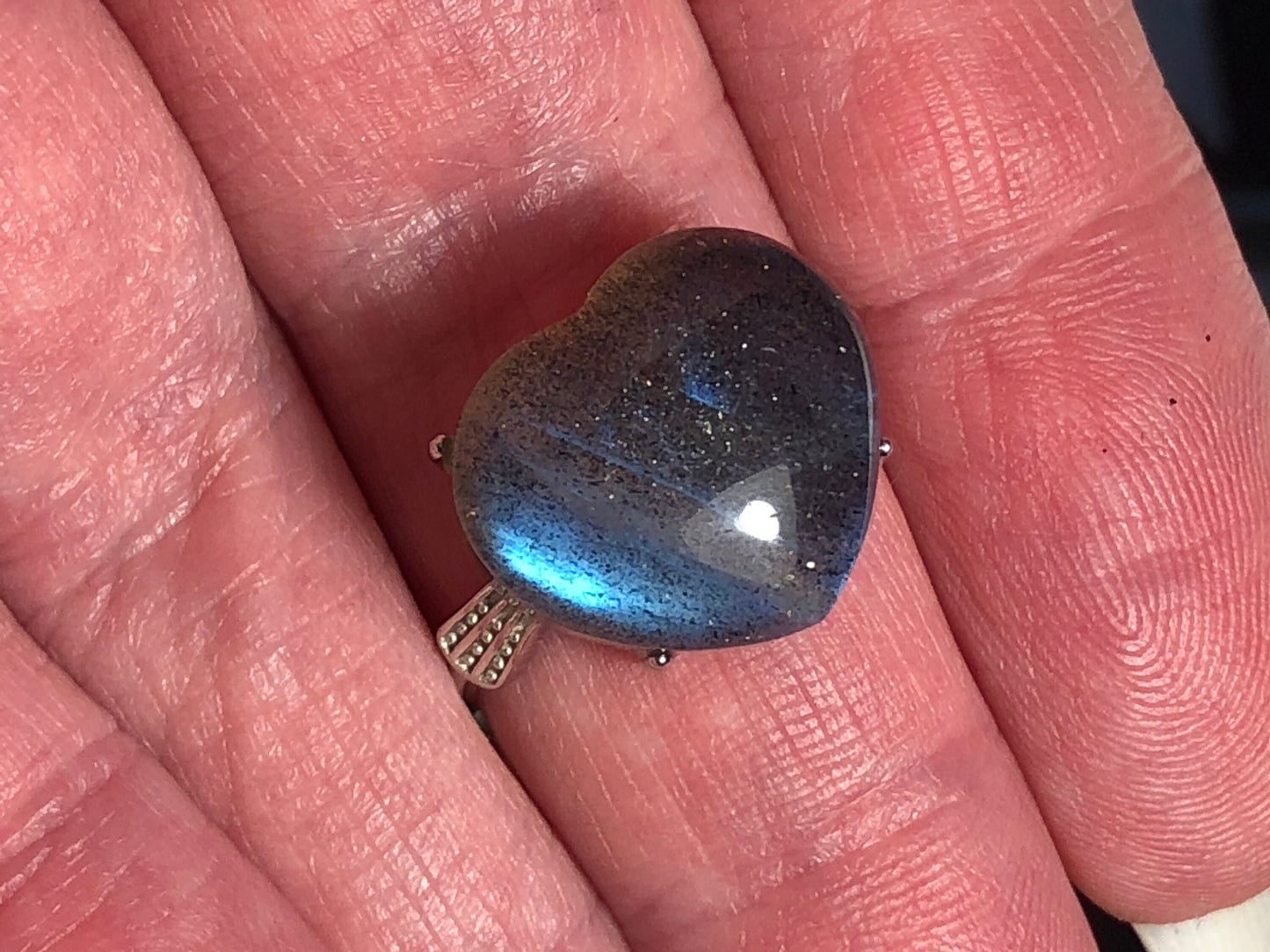 Labradorite Heart Ring in 925 Sterling Silver with Adjustable Band - Blue Flash Goth Jewellery