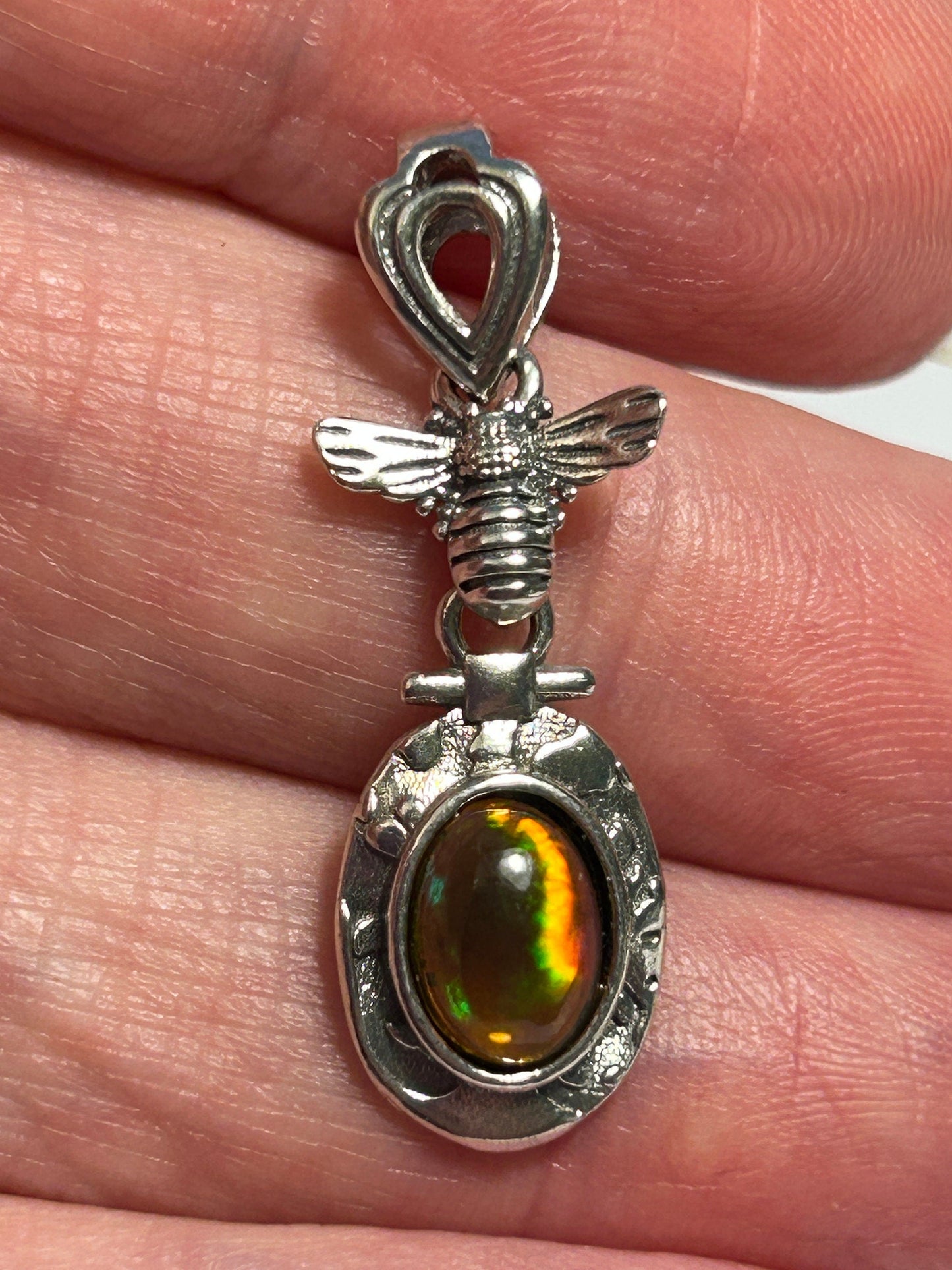 Honey Bee Pendant with Black Opal: 925 Sterling Silver - Gemstone Insect Jewellery Celtic Dragon Jewellery