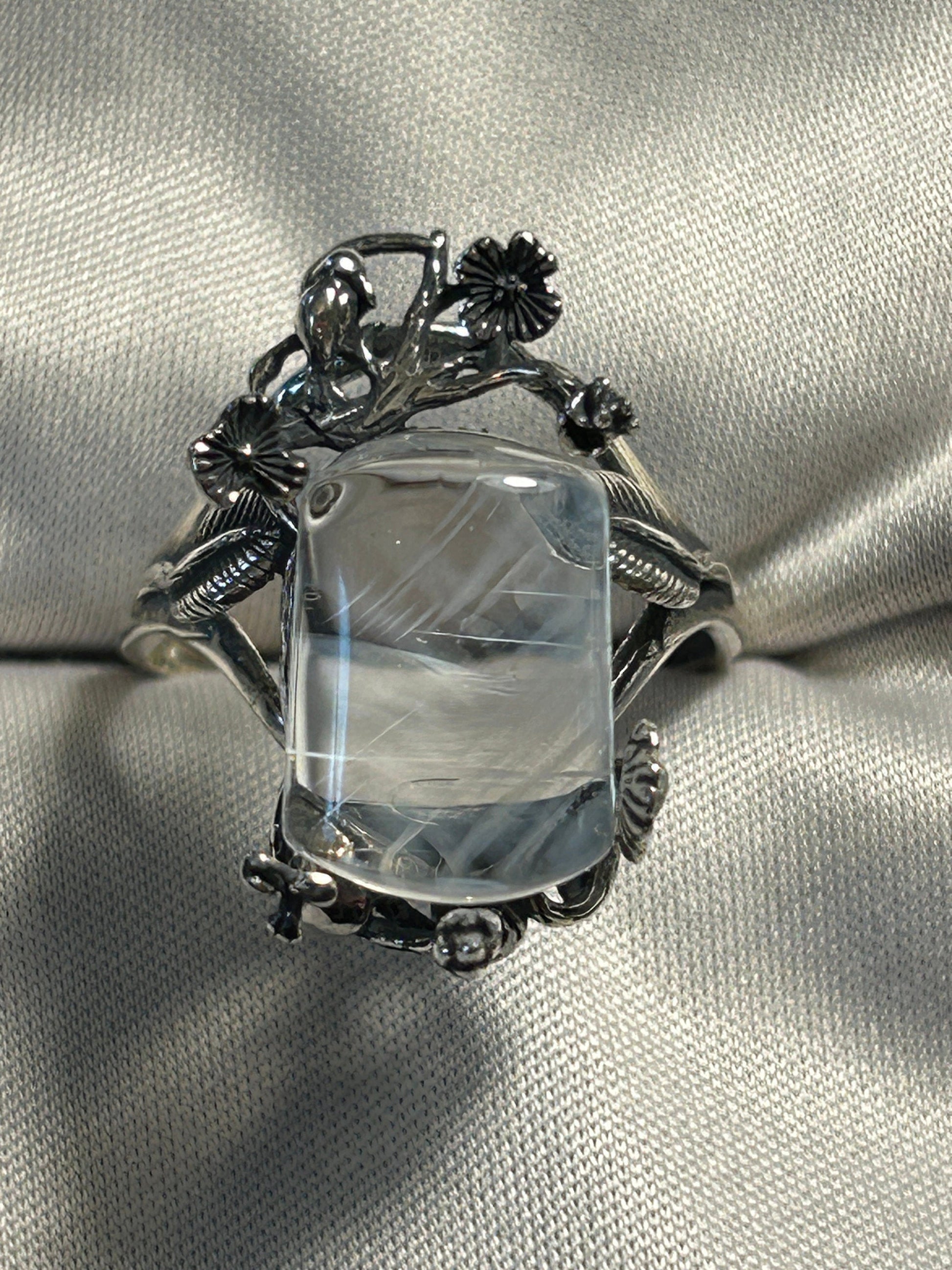Blue Needle Quartz Ring in 925 Sterling Silver with Adjustable Floral Themed Band Celtic Dragon Jewellery