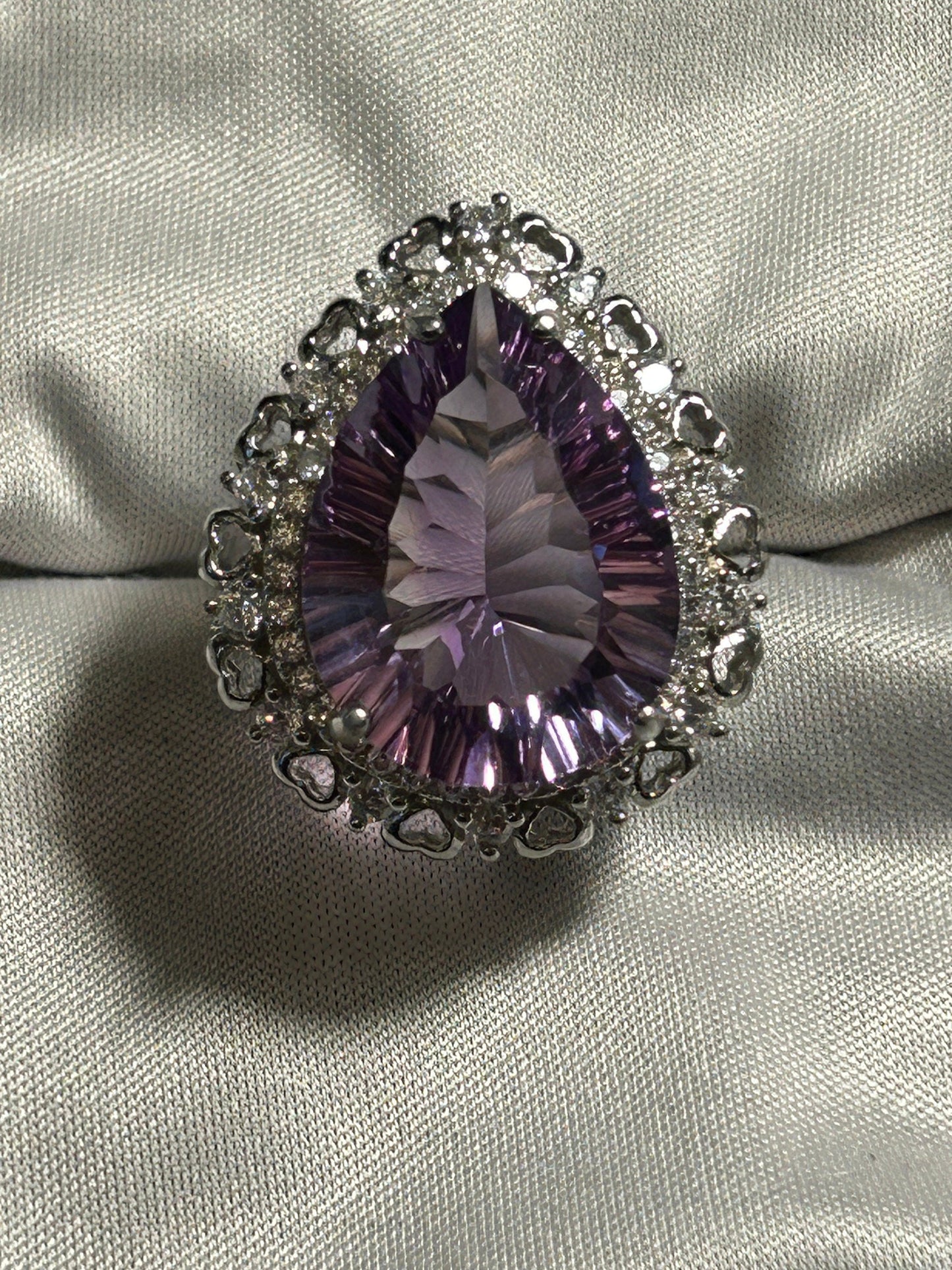 Teardrop Amethyst Ring with CZ Halo Surround in 925 Sterling Silver - Adjustable Statement Jewellery Celtic Dragon Jewellery