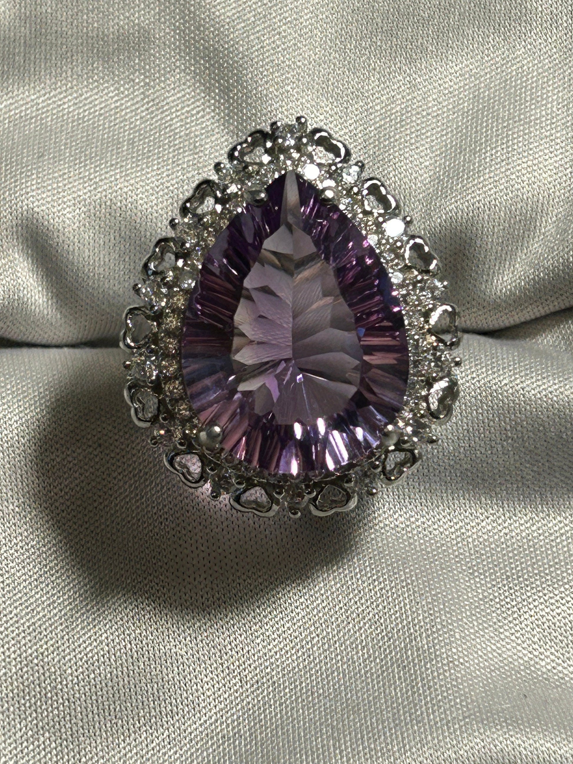 Teardrop Amethyst Ring with CZ Halo Surround in 925 Sterling Silver - Adjustable Statement Jewellery Celtic Dragon Jewellery