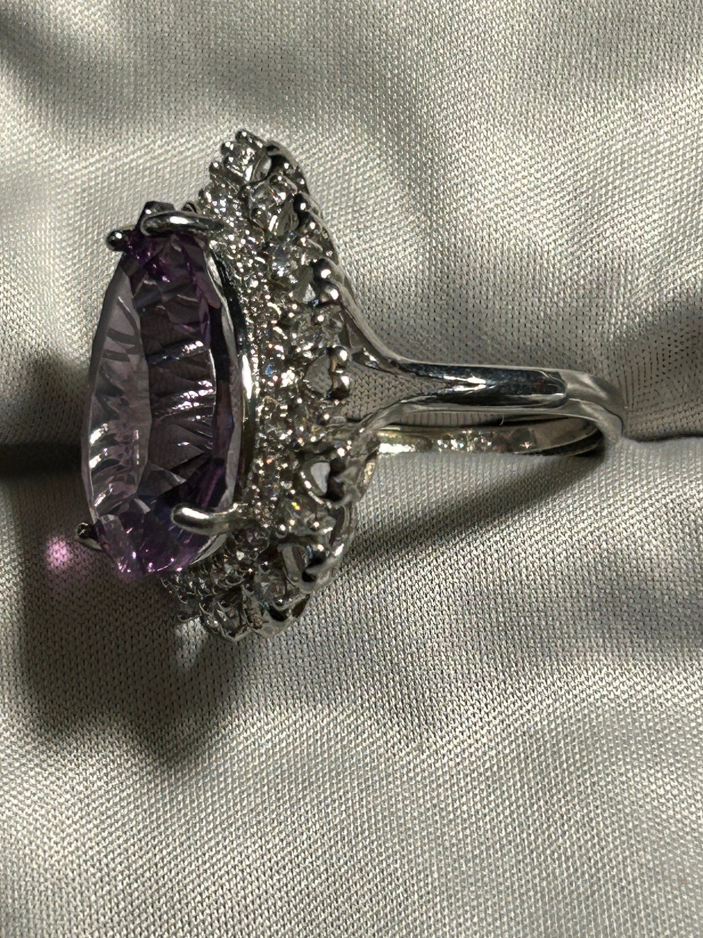 Teardrop Amethyst Ring with CZ Halo Surround in 925 Sterling Silver - Adjustable Statement Jewellery Celtic Dragon Jewellery