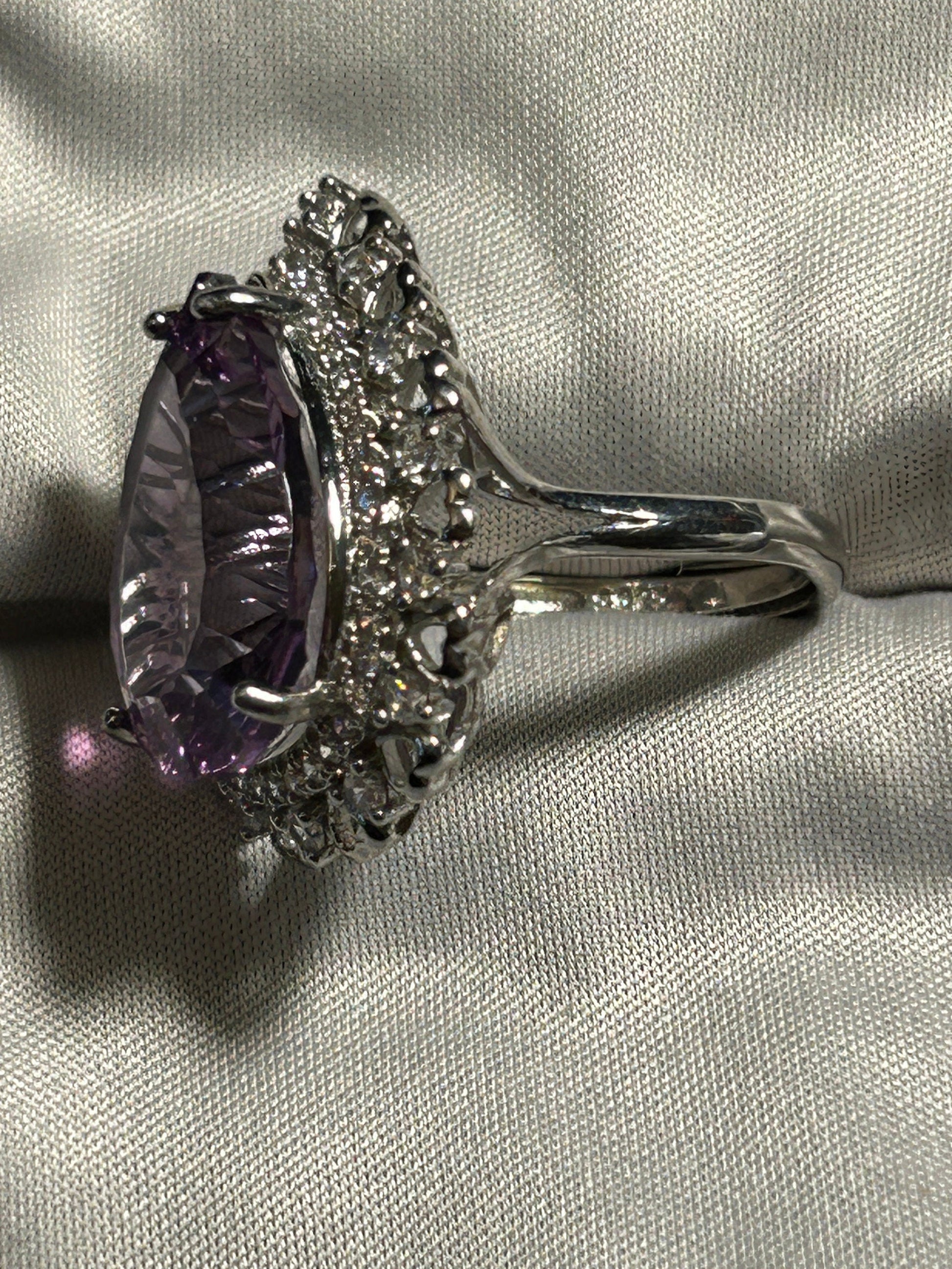Teardrop Amethyst Ring with CZ Halo Surround in 925 Sterling Silver - Adjustable Statement Jewellery Celtic Dragon Jewellery