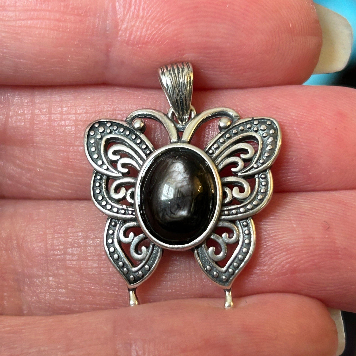 Hypersthene Butterfly Pendant - 925 Sterling Silver - Gemstone Insect Jewellery Celtic Dragon Jewellery