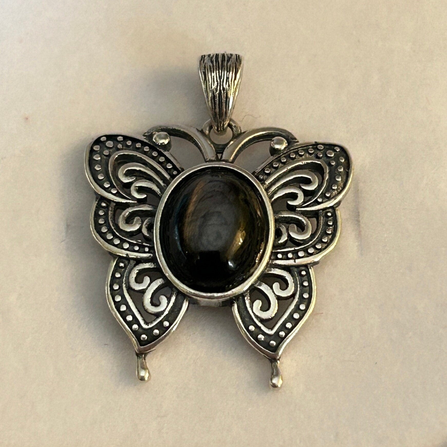 Hypersthene Butterfly Pendant - 925 Sterling Silver - Gemstone Insect Jewellery Celtic Dragon Jewellery