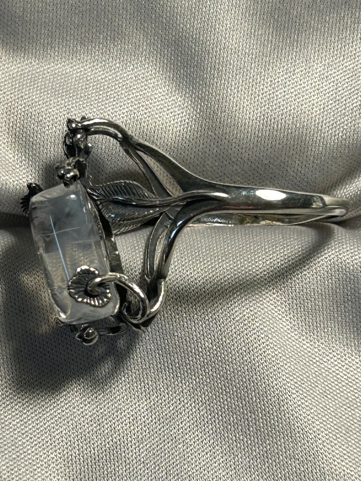 Blue Needle Quartz Ring in 925 Sterling Silver with Adjustable Floral Themed Band Celtic Dragon Jewellery