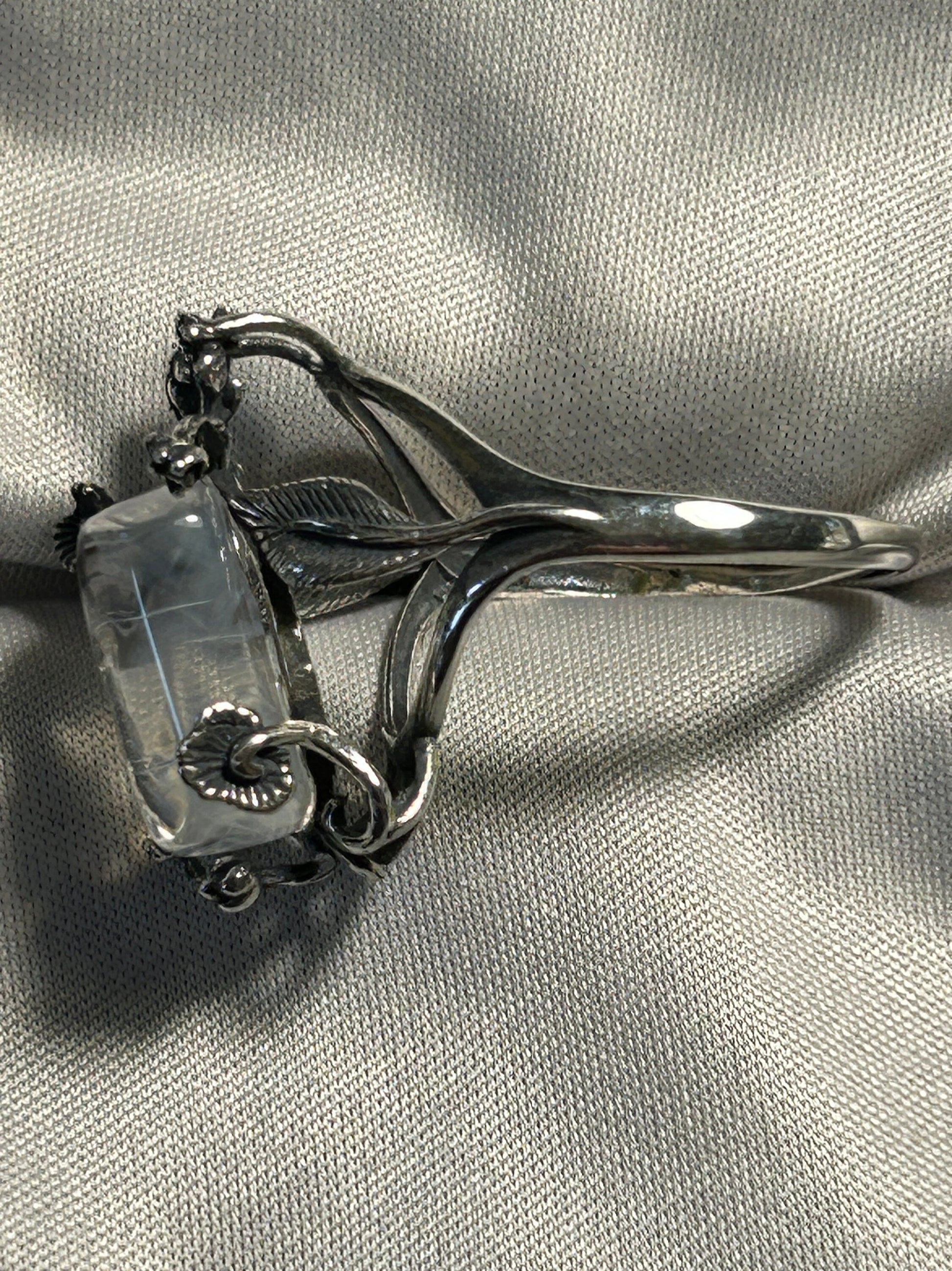 Blue Needle Quartz Ring in 925 Sterling Silver with Adjustable Floral Themed Band Celtic Dragon Jewellery