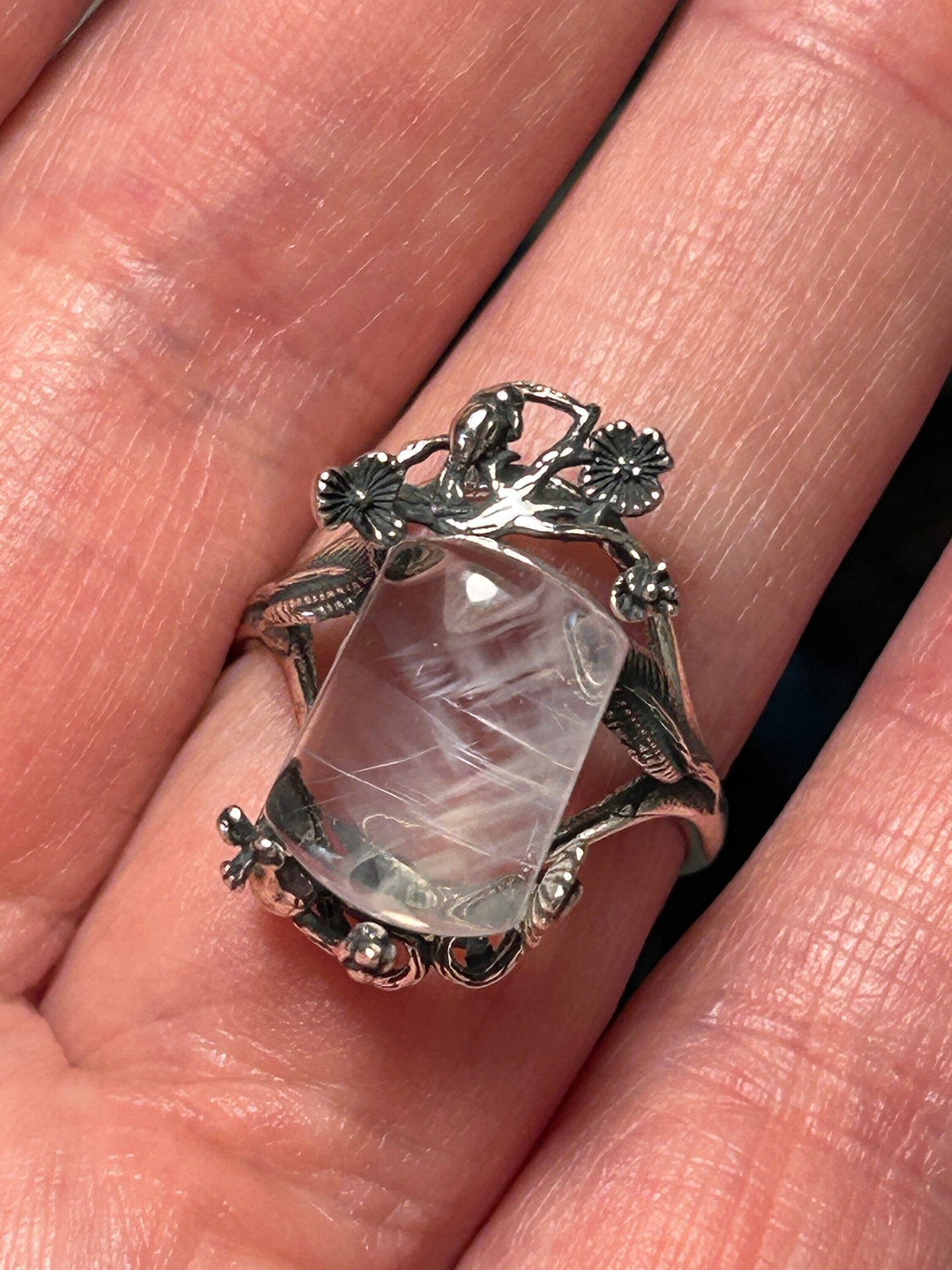 Blue Needle Quartz Ring in 925 Sterling Silver with Adjustable Floral Themed Band Celtic Dragon Jewellery