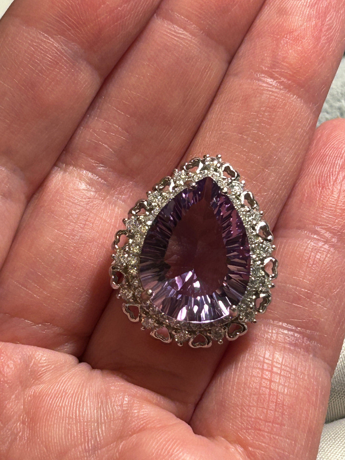 Teardrop Amethyst Ring with CZ Halo Surround in 925 Sterling Silver - Adjustable Statement Jewellery Celtic Dragon Jewellery
