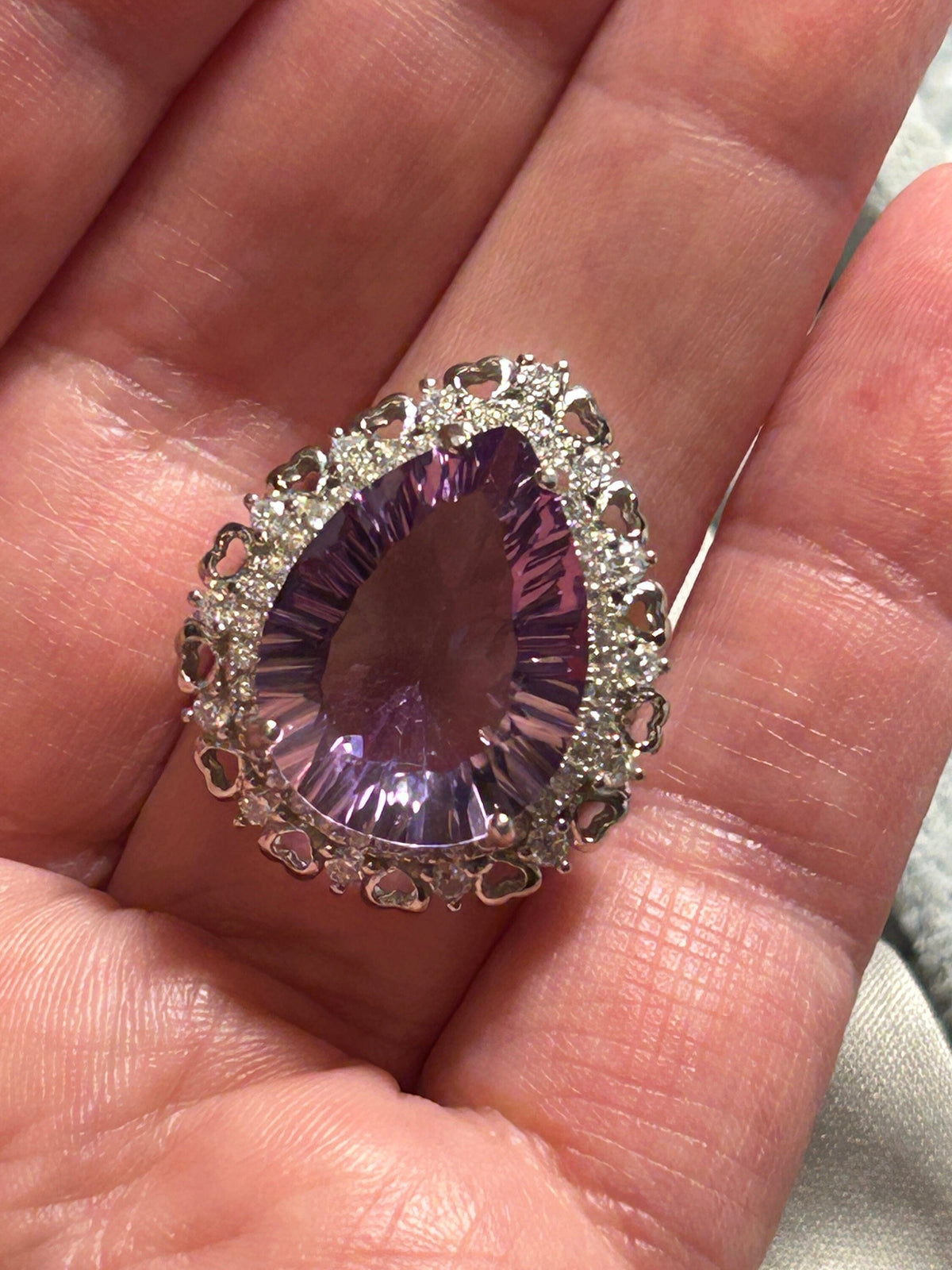 Teardrop Amethyst Ring with CZ Halo Surround in 925 Sterling Silver - Adjustable Statement Jewellery Celtic Dragon Jewellery