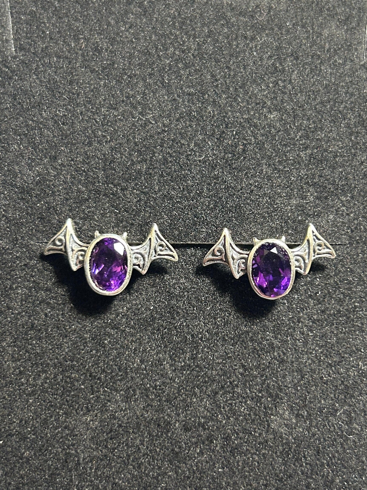Bat Earrings with Amethyst in 925 Sterling Silver - Gothic Vampire Jewellery