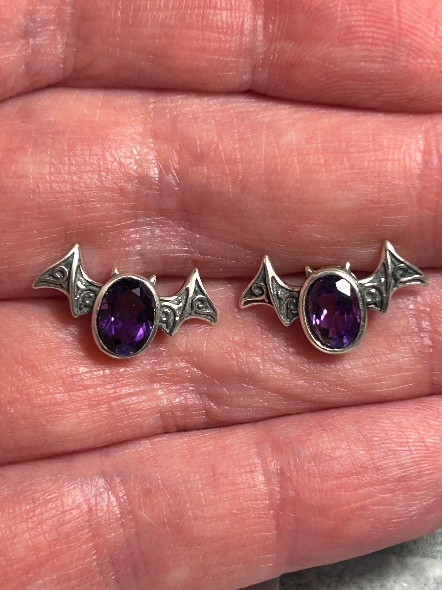 Bat Earrings with Amethyst in 925 Sterling Silver - Gothic Vampire Jewellery