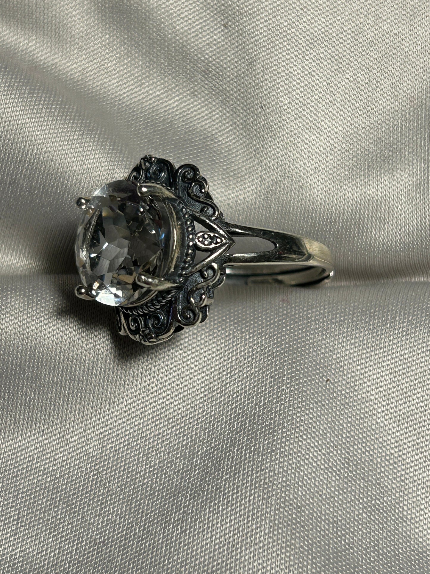 Clear Quartz Ring in 925 Sterling Silver - Adjustable Filigree Victorian Goth Jewellery