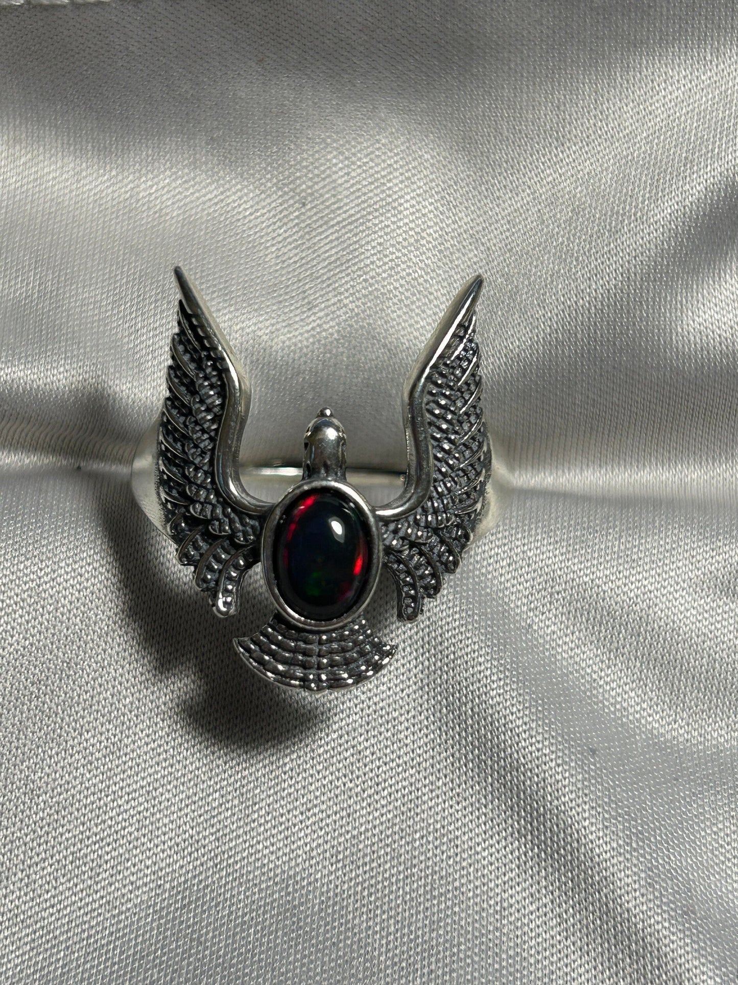 Eagle Ring with Black Opal Set in 925 Sterling Silver - Adjustable Gothic Phoenix Jewellery Celtic Dragon Jewellery