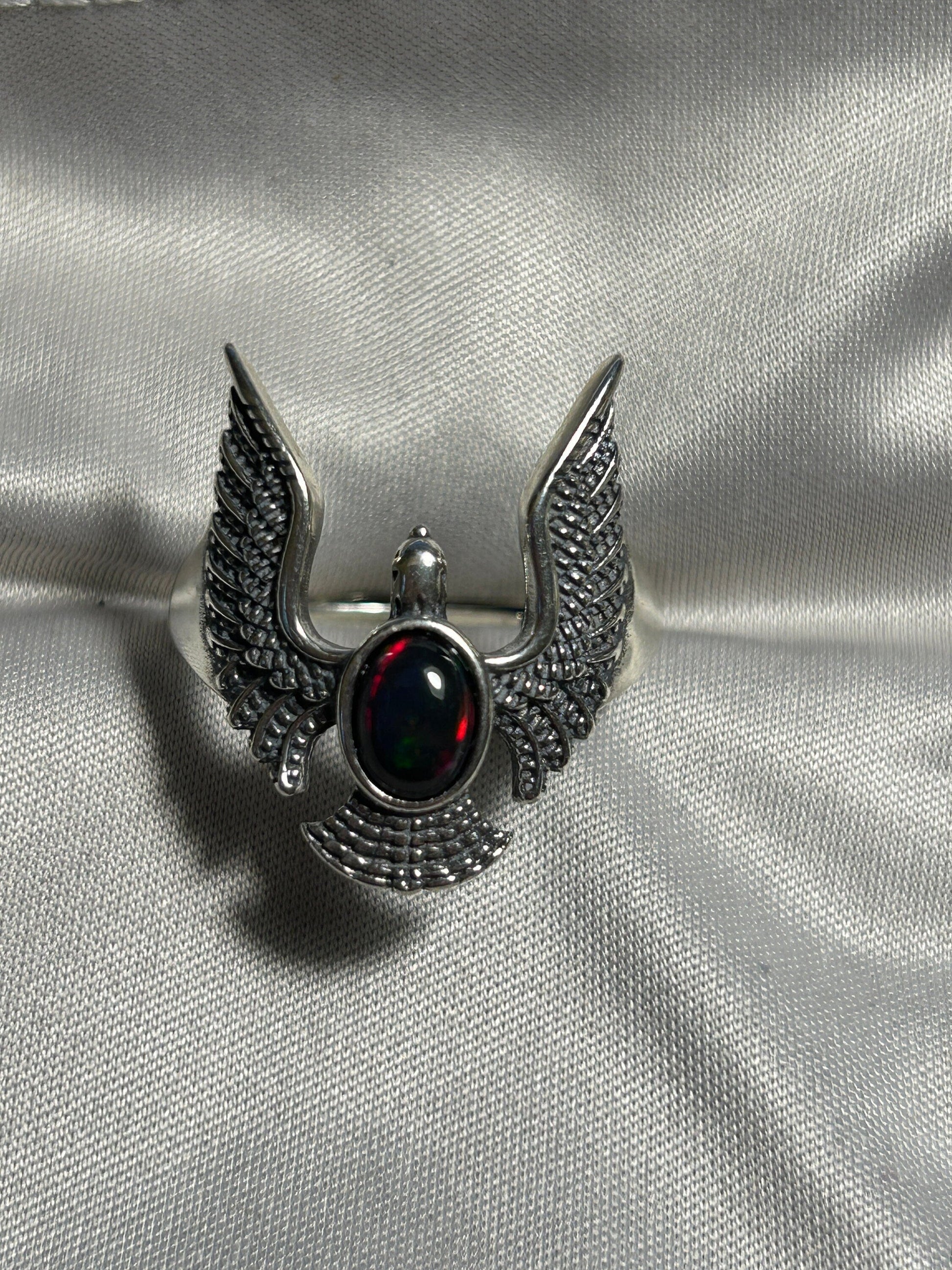 Eagle Ring with Black Opal Set in 925 Sterling Silver - Adjustable Gothic Phoenix Jewellery Celtic Dragon Jewellery