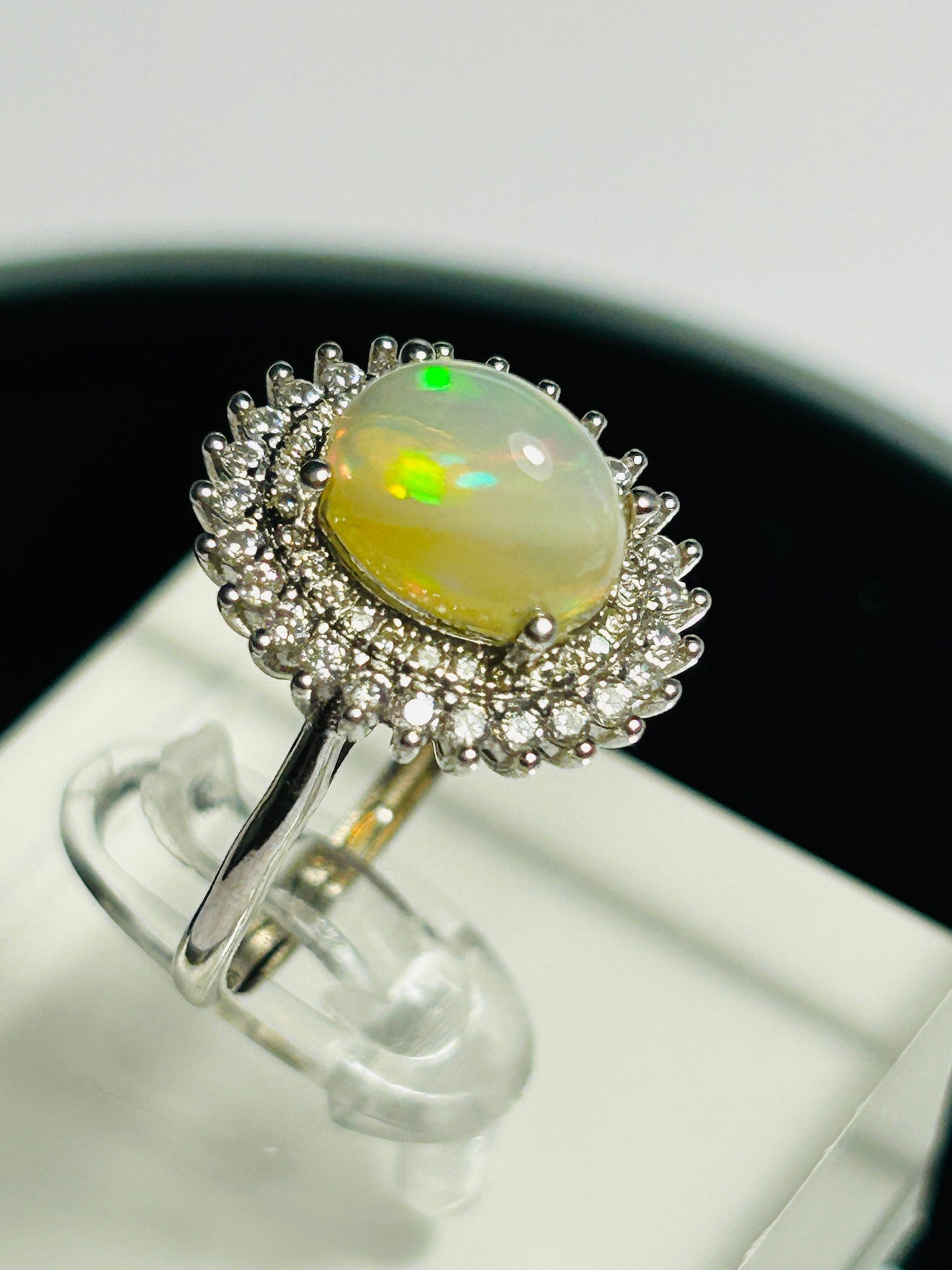 Opal Halo Ring with CZ in 925 Sterling Silver - Adjustable Starburst Jewellery Celtic Dragon Jewellery