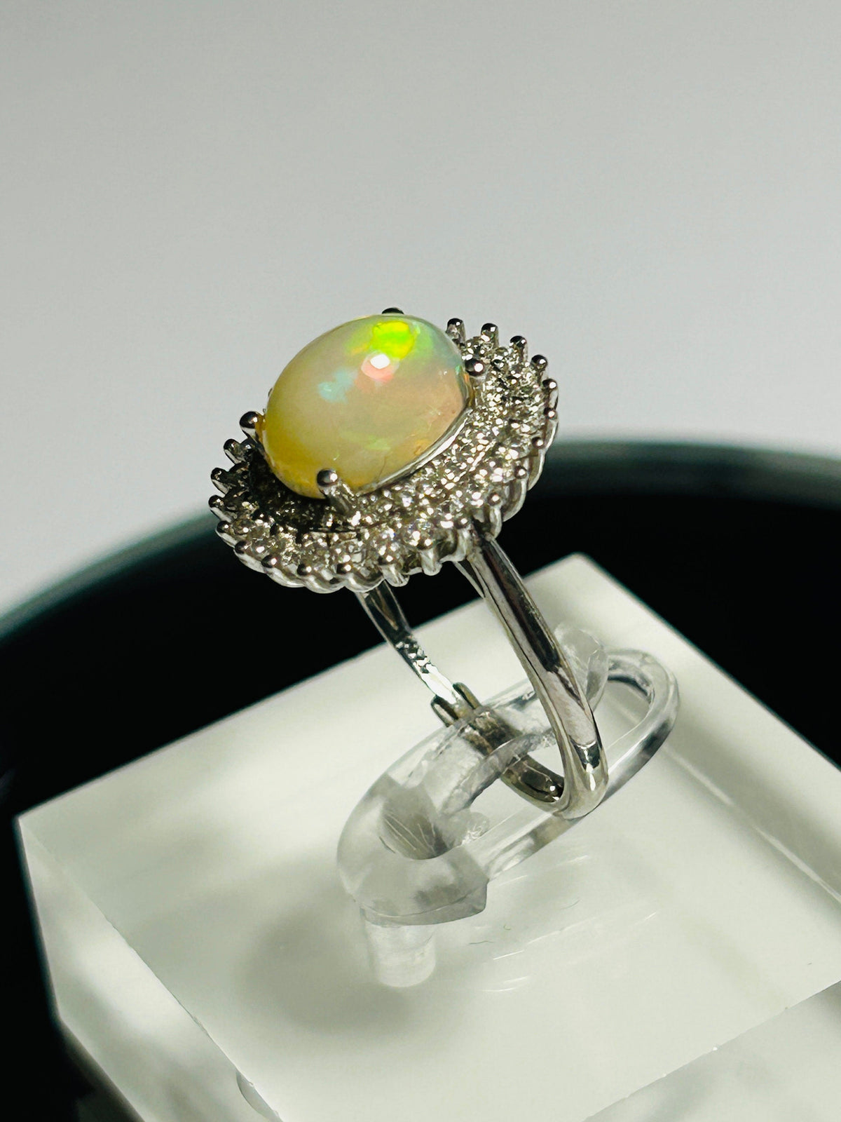 Opal Halo Ring with CZ in 925 Sterling Silver - Adjustable Starburst Jewellery Celtic Dragon Jewellery