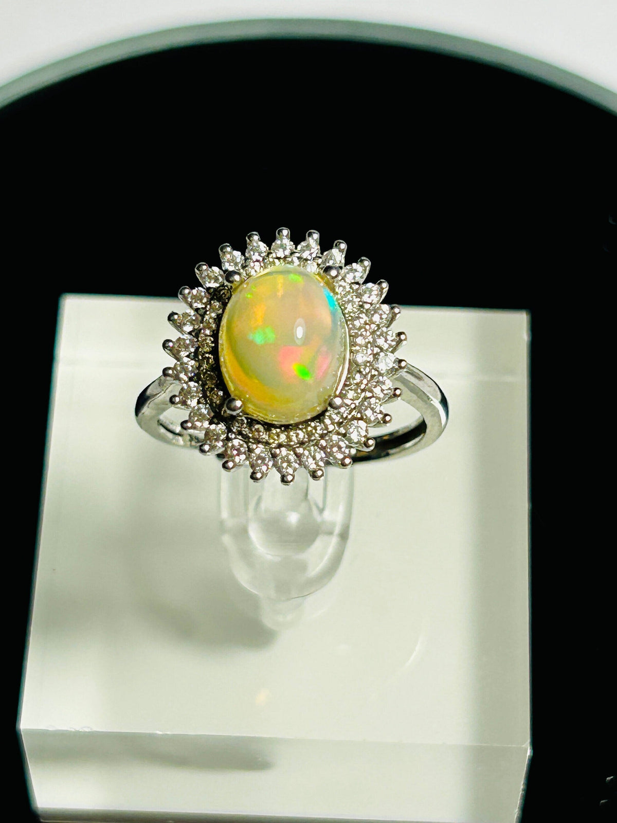 Opal Halo Ring with CZ in 925 Sterling Silver - Adjustable Starburst Jewellery Celtic Dragon Jewellery