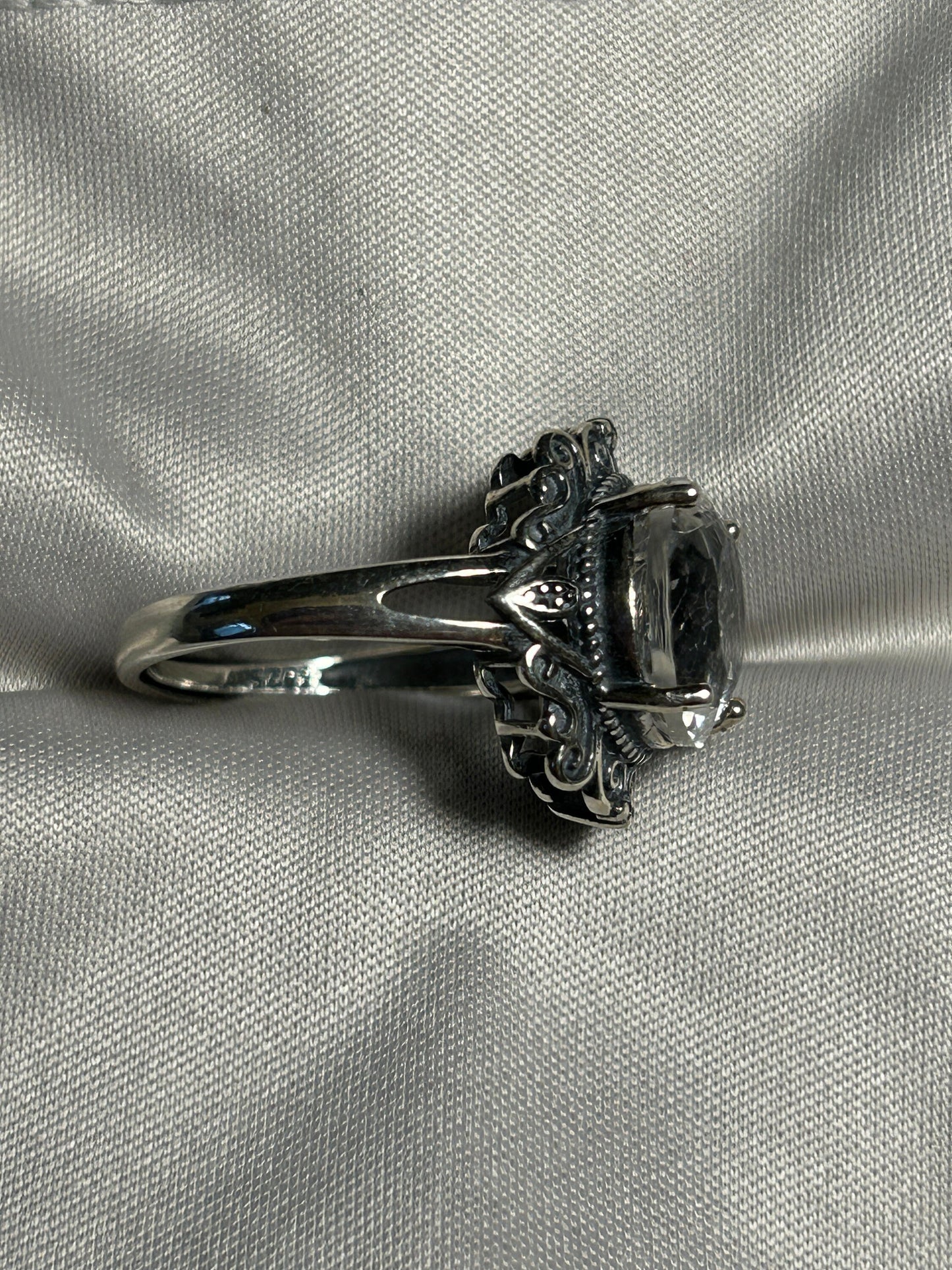 Clear Quartz Ring in 925 Sterling Silver - Adjustable Filigree Victorian Goth Jewellery