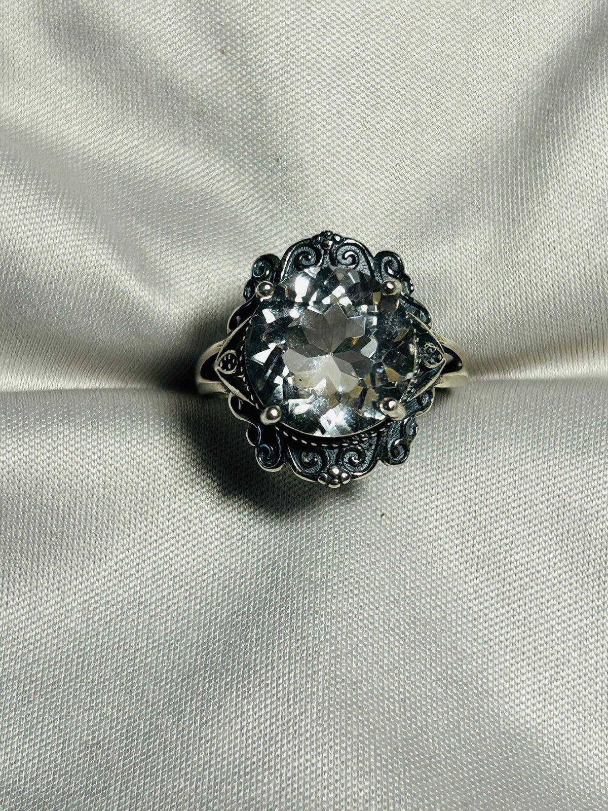 Clear Quartz Ring in 925 Sterling Silver - Adjustable Filigree Victorian Goth Jewellery